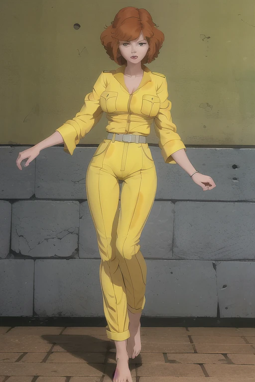 cowboy shot, Princess Peach, 1980s \(style\), 1girl, brown hair, orange hair, retro artstyle, short hair, solo, yellow jumper suit, unbutton_shirt, (naked_breasts:1.2), medium_breasts, cleavage, full body shot, model pose, shoes visible