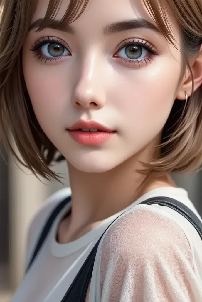 (masterpiece、Highest image quality、photorealistic、High resolution、photograph、:1.3)、Close-up、focus、focus、30 year old mature woman、small face、no makeup、fine beautiful eyes、bangs、dark brown hair、short cut hair、(realistic skin)、beautiful skin、charming、超High resolution、Super realistic、High definition、Camisa Branca Aberta、middle shake、small breasts、bust B cup、small breasts、cool beauty、gray background、