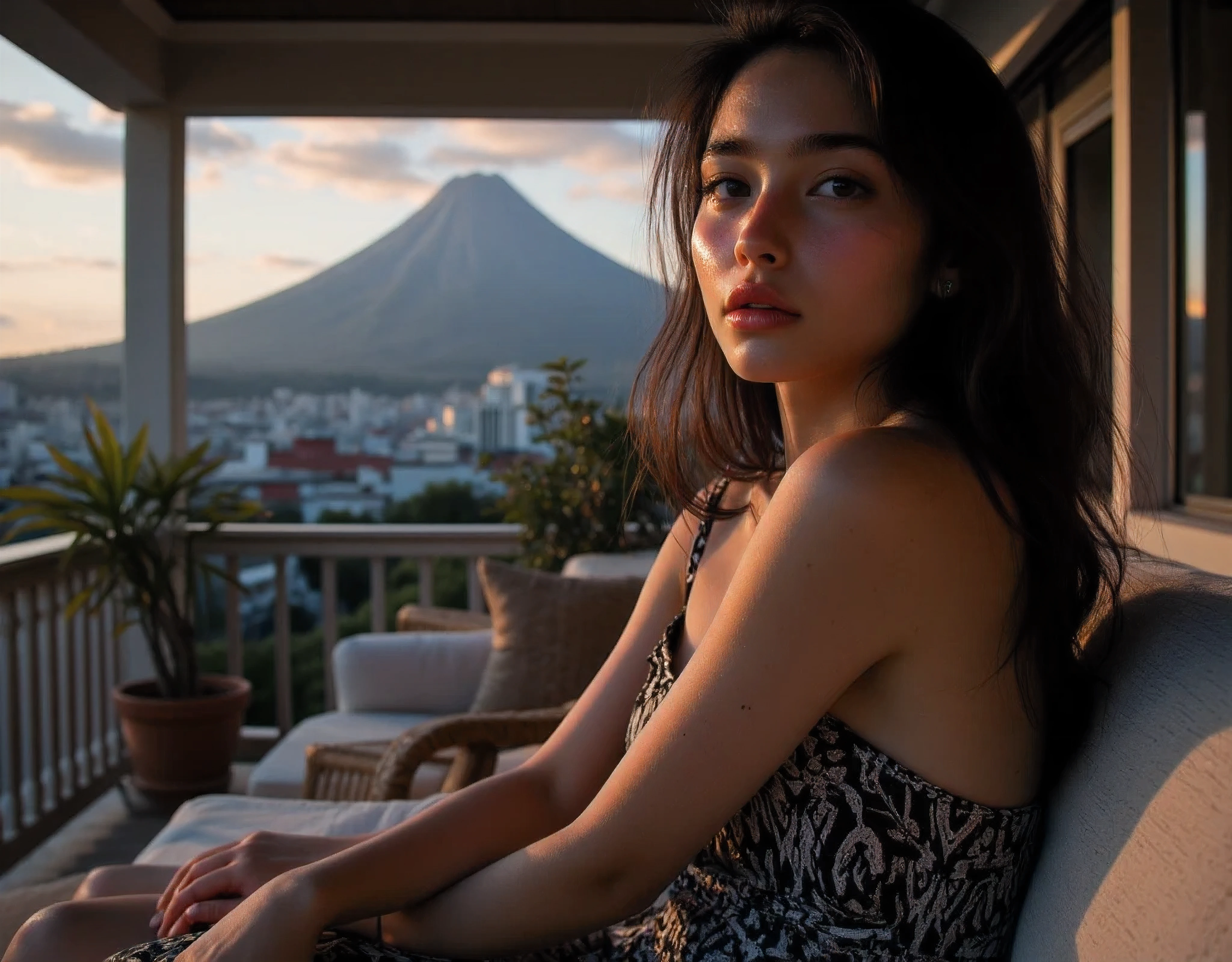 (mountain with city in the background) (Large perky breasts) Flash photography, gyaru, Aesthetically pleasing cinematic composition, epic perspective, dramatic lighting and shadows, symmetrical and detailed, Cute girl with small perky breasts in a black and white geometric print summer dress at the veranda at her home during evening relaxing in the outdoor couch, Metro Manila, philippines, Evening, nighttime, Cute tan brown-skinned Filipina-korean goth girl, Cute and adorable milf mommy wearing her sexy and alluring Cute girl in a black and white anime summer dress at the veranda at home during sunset relaxing in the outdoor couch fit athletic toned sexy fit and athletic Filipina-korean woman, tan skin photorealistic and life-like taken from a Leica m9 50mm 1.2, lowlight photography, 4kPhoto_PDXL Photorealistic, 30 years old , Filipina brown skinned pacific islander Spanish mix girl, high resolution, life-like details, Freckles, moles, simple and elegant demeanor, lovely and ethereal face, Photorealistic and life-like skin texture, lovely kissable pouting lips, sexy sensual and alluring seductive pose , surprised face as she looks at me, Cute girl in a summer dress at the veranda at home during dusk relaxing in the outdoor couchTaken from a Leica m9 50mm 1.2, lowlight photography, At the house, My Sweet adorable innocent and sexy pre-adolescent girl is standing in the doorway looking at me in surprise as she comes in, sexy and voluptuous goth very young in in plaid school skirt and small tight croptop spaghetti strap, 1girl Cozy bedroom , 4kPhoto_PDXL Photorealistic, 12-years old , Filipina brown skinned pacific islander Spanish mix girl, high resolution, life-like details, Freckles, moles, simple and elegant demeanor, lovely and ethereal face, Photorealistic and life-like skin texture, Mayon volcano in the background ,