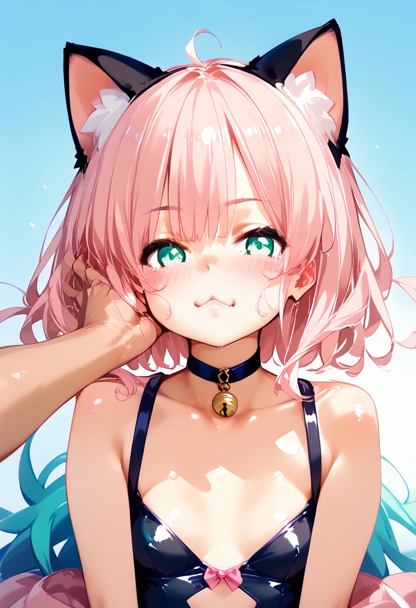 ((masterpiece, best quality)), high resolution,ultra detailed,8k,16k,detailed background, perfect lighting,detailed beautiful eyes,1girl,nsfw,embarrassed,blush,look at viewer,steam,sweat,aroused,seductive eye,(from above,from front:1.2), (pov:1.3),(close up face),portrait,fisheye lens,1boy,1penis,(oralsex),(deep fellatio:1.4),(deepthroat:1.3),:>=,(penis in mouth),hetero,diona,(bangs up knot,forehead:1),pink hair,blue eye,cat ear,cat tail,seaside beach,swimwear