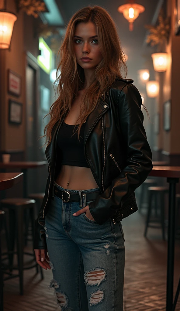 Photorealistic portrait of a stunning woman at Wacken Open Air, masterpiece, best quality, 8K, ultra-detailed, natural cinematic lighting, curvy hourglass figure with wide hips and large breasts, wearing a black leather jacket with weather-worn texture and realistic folds, skin-tight black latex jeans (high-gloss finish, perfectly contouring her legs and curves with no visible seams or fasteners), skin-tight LATEX crop top with deep V-neck, soft natural lighting with moonlight and ambient stage glow avoiding orange overcast, intense eye contact with crisp eyelashes and realistic pupils, seductive smile with natural lip texture and no excessive gloss, rock hand sign with perfect anatomy and index plus pinky raised, right hand in pocket, dynamic mid-shot from low angle, main stage with 'W:O:A' flaming logo and muted warmth pyrotechnics, medieval tent towers with glowing lanterns as soft light sources, crowd of metalheads motion-blurred with raised horns and depth of field, laser beams with cool tones cutting through smoke, bonfire pits with soft glow and no skin tinting, beer tents with tribal flags and no overexposure, porcelain or natural skin tones avoiding orange, 60% cool moonlight and LEDs mixed with 40% warm firelight, hyper-detailed sweat on skin, latex shine showing subtle stretch marks and material tension, nighttime setting with balanced lighting, anatomically flawless with no deformities, aspect ratio 16:9, DPM++ sampler, CFG 7, FLUX-optimized, negative prompt: daytime, cartoonish, extra limbs, bad anatomy, blurry, low-res, overexposed, unnatural skin tones, orange skin tint, unnatural warmth, distorted fishnet patterns, visible seams, zippers, matte texture, loose clothing. (((keep the exact face and hair details of the selected LoRA)))