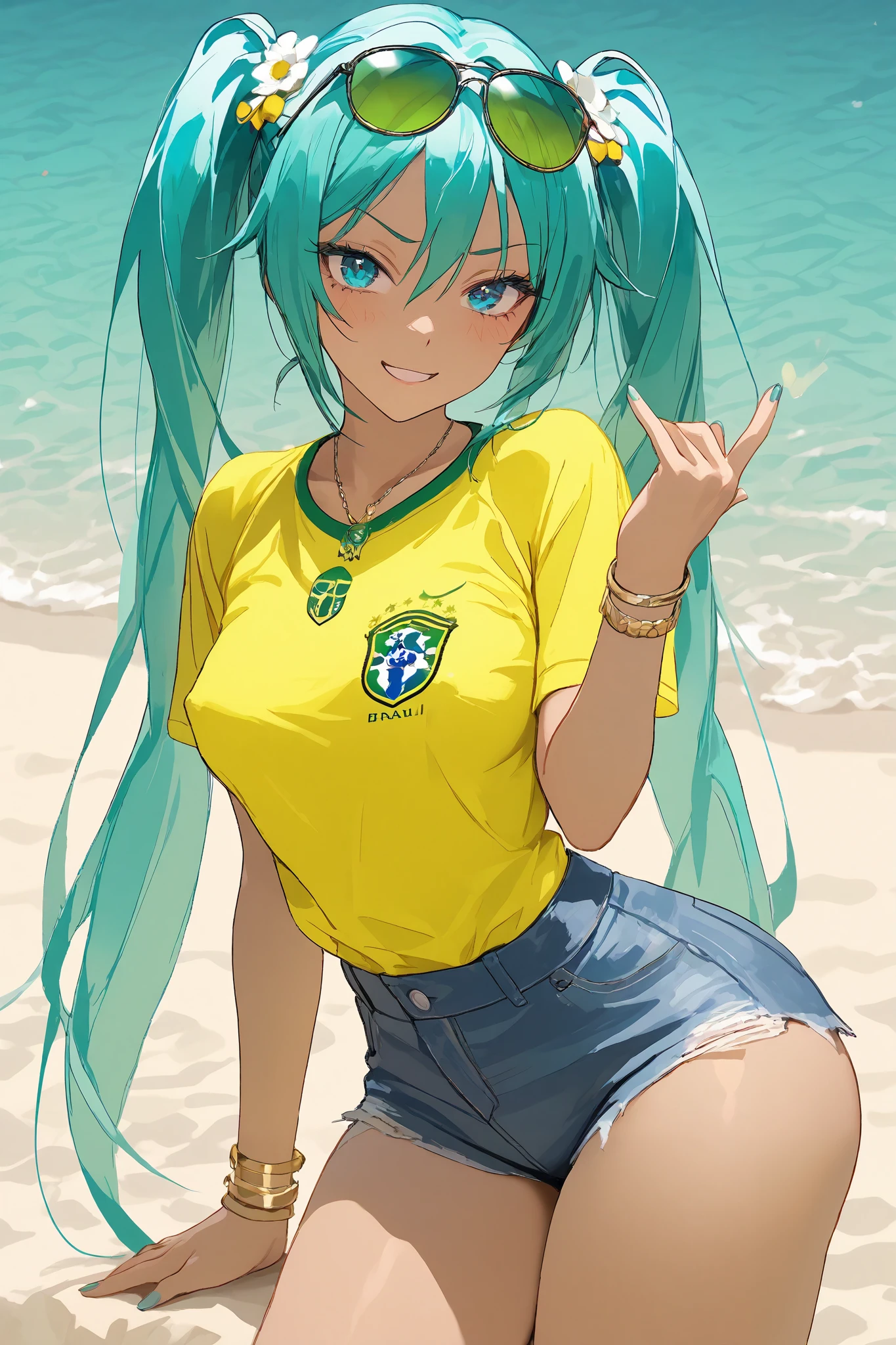 hatsune miku brazilian, ((girl making lewd penetration gestures)), ((girl full of naughty expression)), (young girl), BREAK girl, coquette girl, golden bracelets, necklaces, flower hair ornaments, dark glasses on the head, blue hair, twintails, long hair, round large blue eyes, erect nipples medium breasts, thin waist, wide hips, (large ass:1.1), thin thighs, body with perfect curves, brown skinned girl, yellow top shirt, BRASIL text, ((brazil futbol shirt)), denim shorts,
beach, masterpiece, best quality, amazing quality, very aesthetic, absurdres, newest, super detailed, extremely detailed, nsfw, explicit