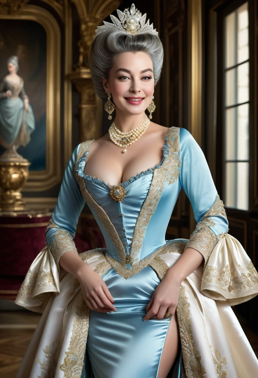 Royalty and aristocracy of Medieval Europe, women's fashion trend of low neckline that accentuates cleavage, Rococo dresses lavishly decorated with lace and ribbons, half-length portrait of a smiling young and very beautiful aristocratic woman holding a bouquet of tulips