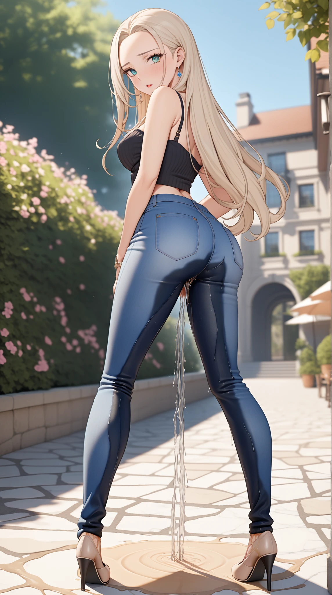 ((best quality, masterpiece:1.3, 8K)), (detailed), highly detailed face and skin texture, detailed eyes, downtown, rain, raining, in the rain, full body, seductive pose, slender body, 1girl, 25 years old, white skin, blue eyes, bright lips, seductive smile, blond hair, straight hair, long hair, (forehead:0.8), blue eyes, white croptop, no sleeves, navel, hard nipples, jeans pants, flares jeans, blue jeans, black heels, soakingwetclothes, soaking wet hair,