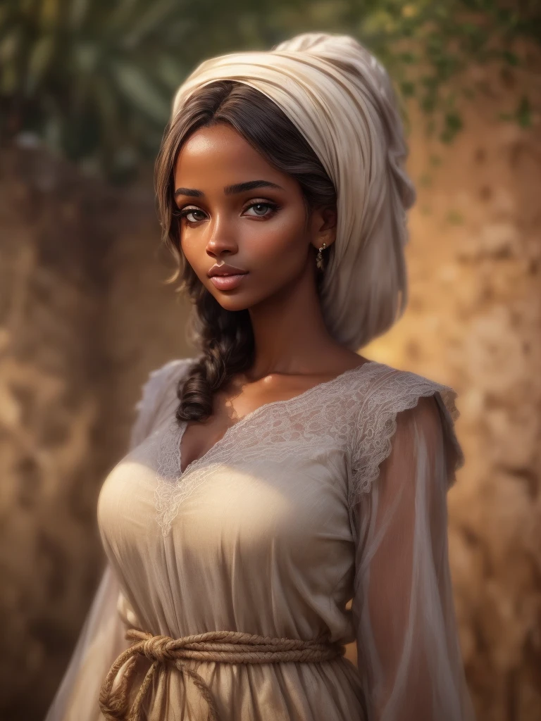 Editorial, a dark skin woman wearing a shawl and scarf, editorial Photography, deep melanin, expert lighting, depth of feild, intimate photography, colors: coastal, hips: massive, hips: wide, trapezoidal, thick --auto --s2