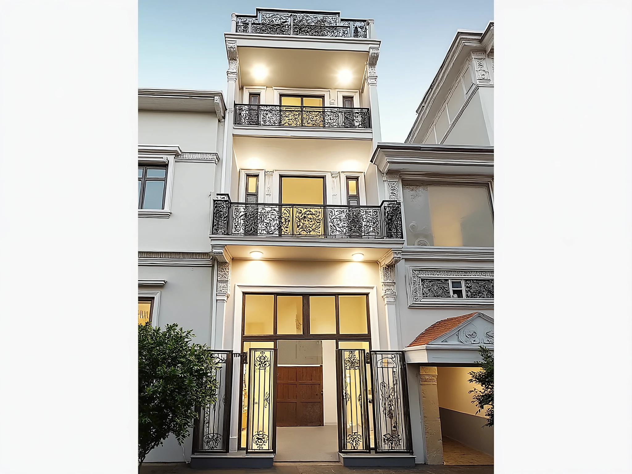 come up with a renovation plan for the house in the best possible way, white vintage townhouse for sale, shimmering golden light