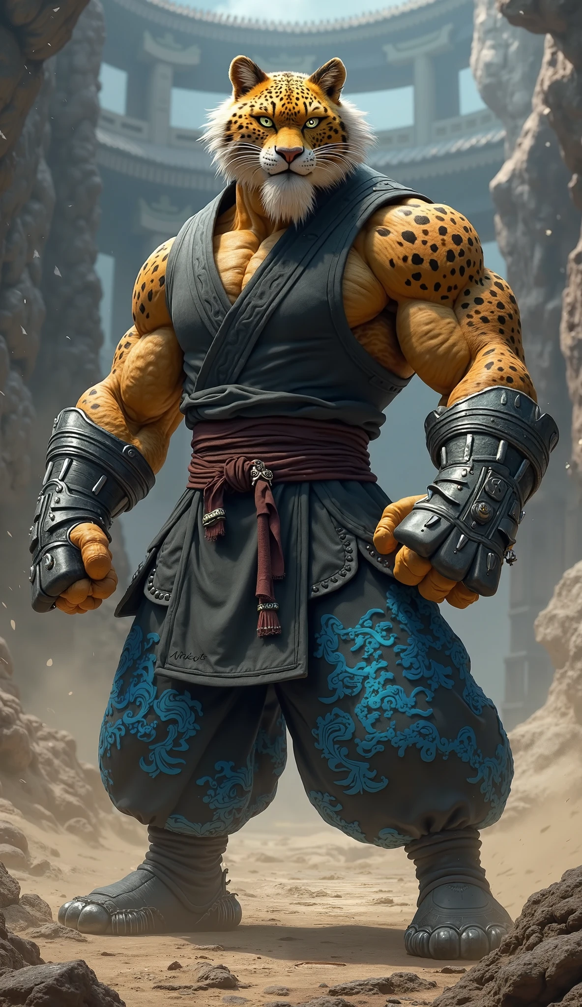 Realism, 3D render of Inosuke, bangs, black hair, blue hair, green eyes, black pants, abs, fur, hakama, male focus, arms up high, happy jump, black background, white smoke