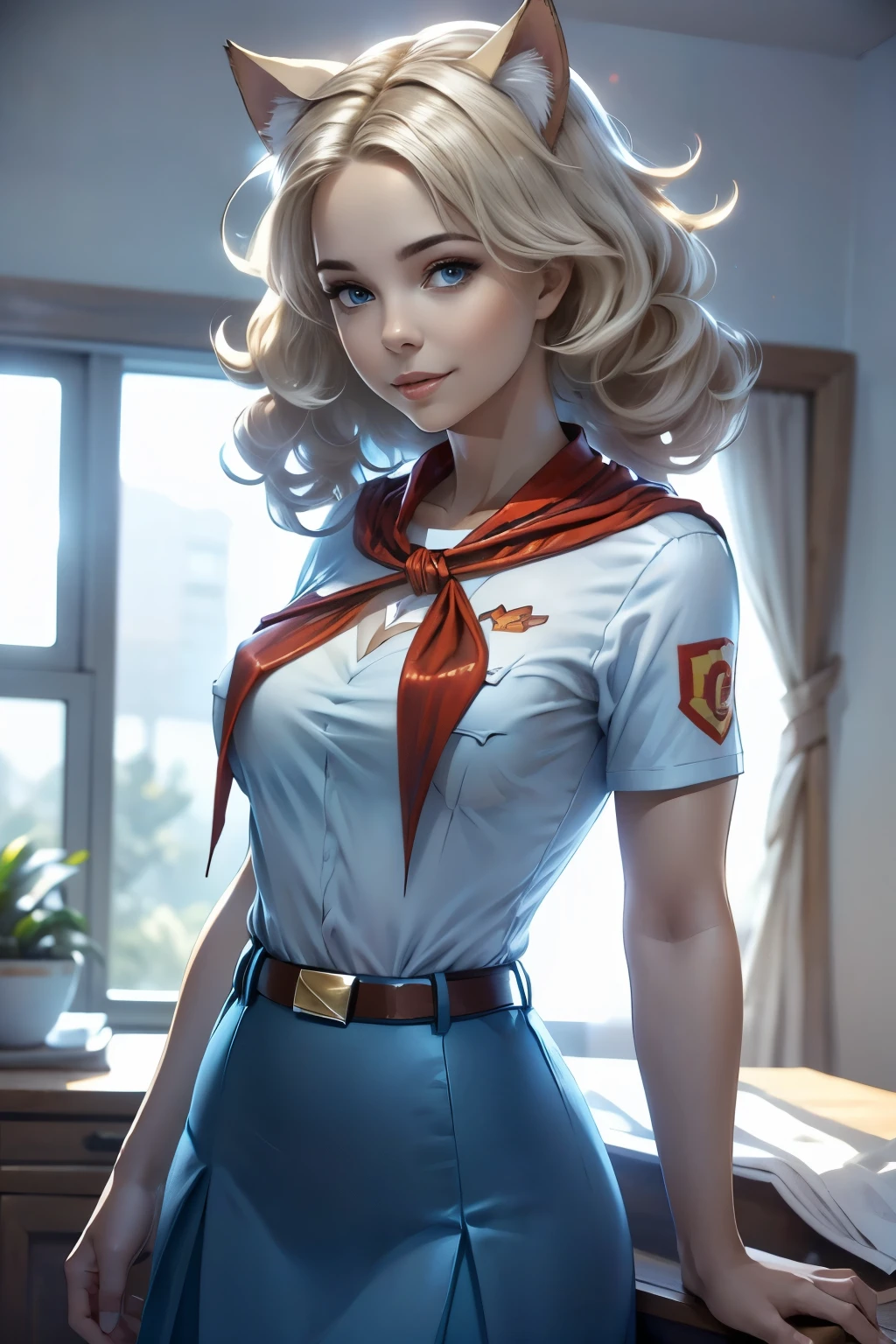 very young slim fit girl, full height, rounded face, (long curly disheveled blond hair:1.4), big blue eyes, shy smile, perfect medium breast, band on head with fake cat ears, monroe, pioneer neckerchief, short tight blue pleated skirt, bangs, tight white shirt, short sleeves, collared shirt, belt, (red neckerchief:1.3), breast pocket, solo, shy smile, Standing at attention, dynamic pose, clear light skin, 8k wallpaper, perfect lighting, masterpiece, lens flare, vibrant color