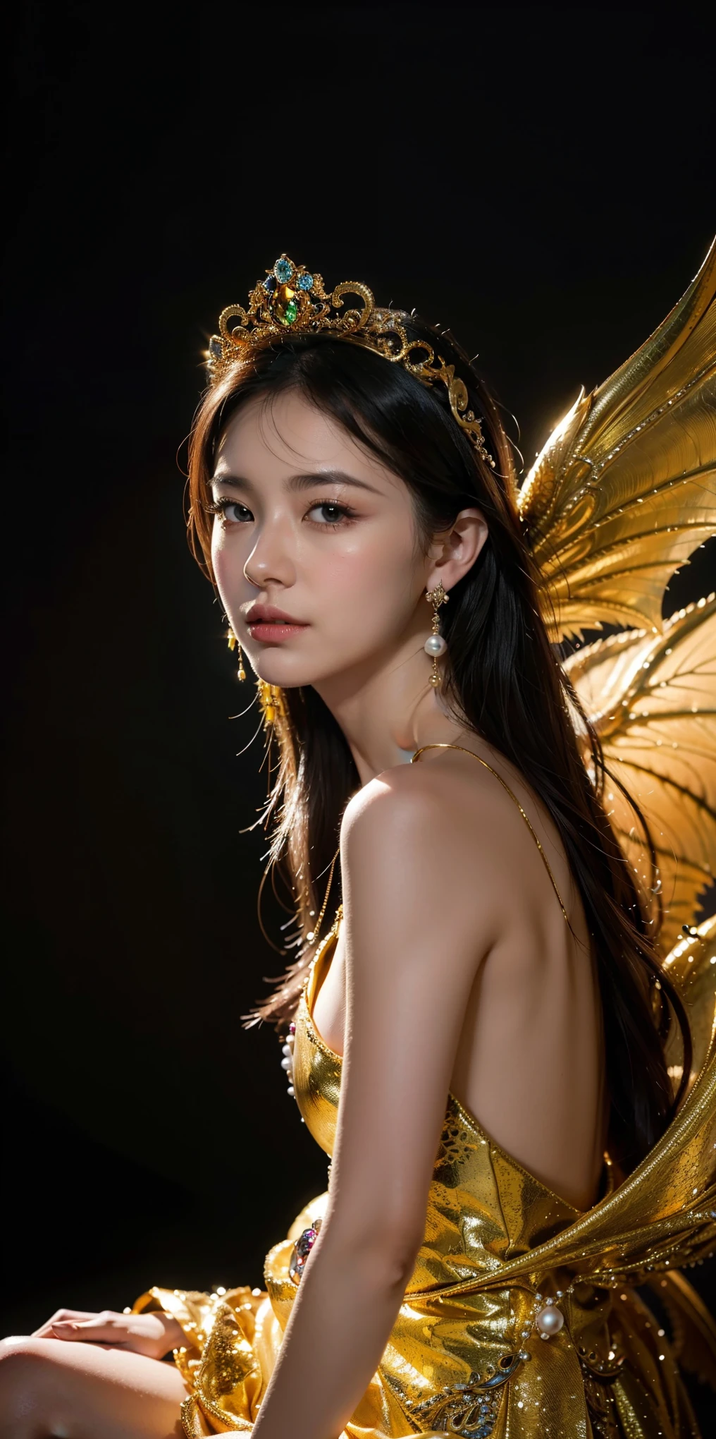 nude ,not wearing clothes, portrait ,realistic portraits. Of a girl as elegant as an angel, , straight face , pearl, and a raised floral pattern that reflected warm light,  golden light . ทรงผมที่สง่างามของเธอประดับด้วยเครื่องประดับผมทองคำและpearlที่ประณีต,, dangling earrings framing her face, echoes the exquisite details on her dress. behind you, , The graceful head of a golden dragon pops up, , eyes watching. , the scales of the dragon shone with exquisite details, , beauty of touch textures, , and a beard that Gracefully flowing long, , creating a sense of movement and vibrancy. . A softly blurred background enhances the, merging the mysterious dragon and the radiance of a woman in a dream, Luxurious scene ,Wearing a crown , Wear gloves on the right,(Best painting  )、  See special details   ,  Sitting on a cloud, ( Imaginary illustration :1.3),,  Attractive gesture  , Fragile wings,   Supernatural Charm   , Secret sky   ,, Dungeon and Dragon、cave、Dungeon、 Maxor、 at night、dark Style、Succubus、devil&#39;daughter、Bat wings、Tindole effect、(  high-profile skin s :1.2)