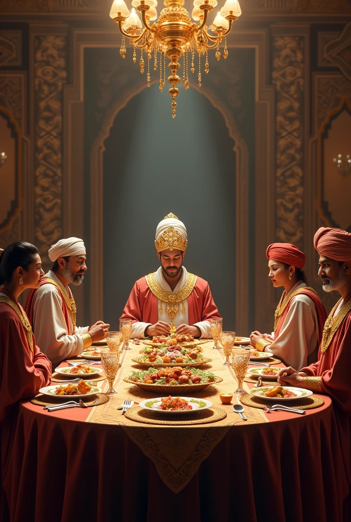 A rajput warrior eating food with other rajput warrior's, palace eating food