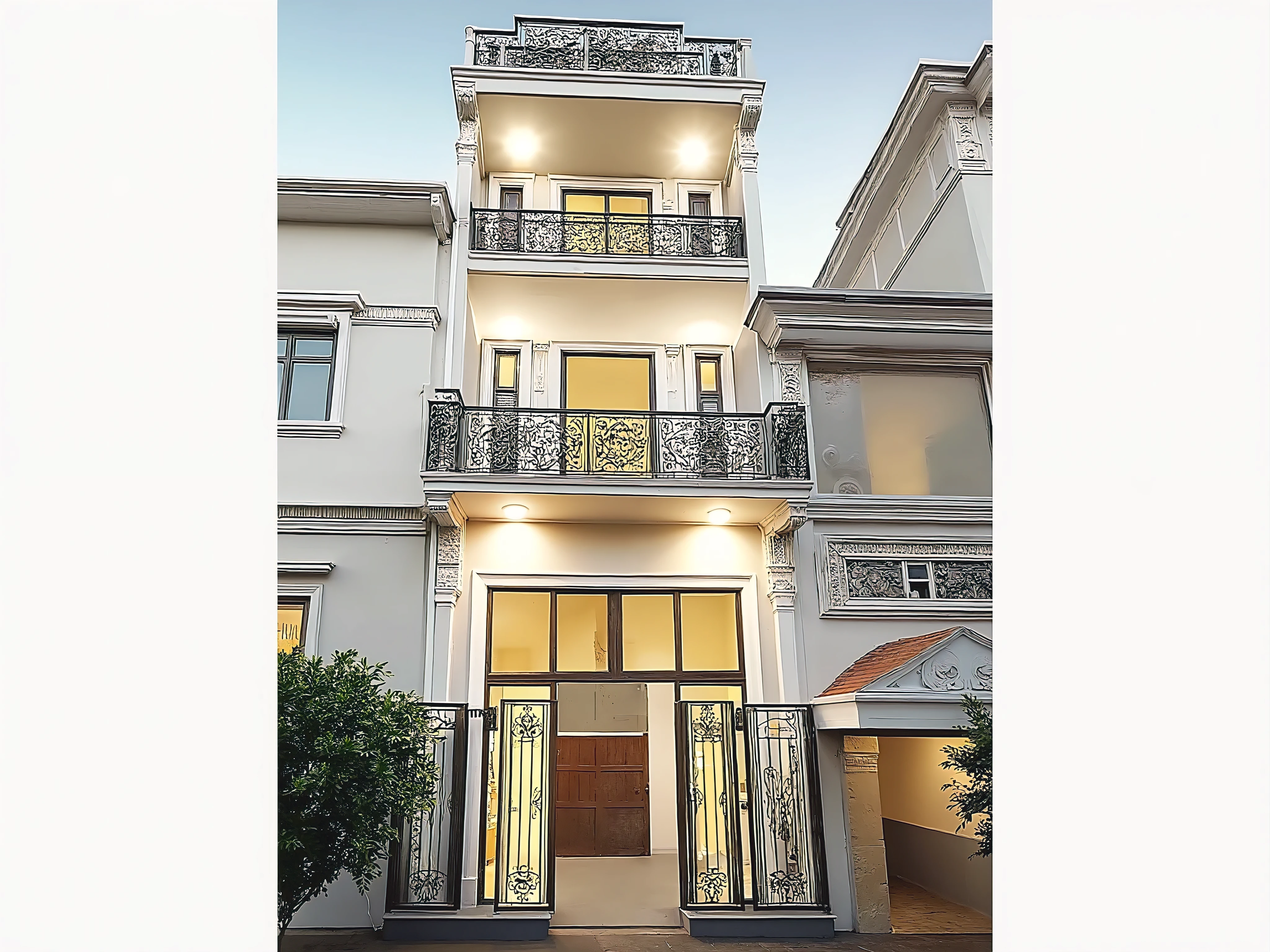 come up with a renovation plan for the house in the best possible way, white vintage townhouse for sale, shimmering golden light