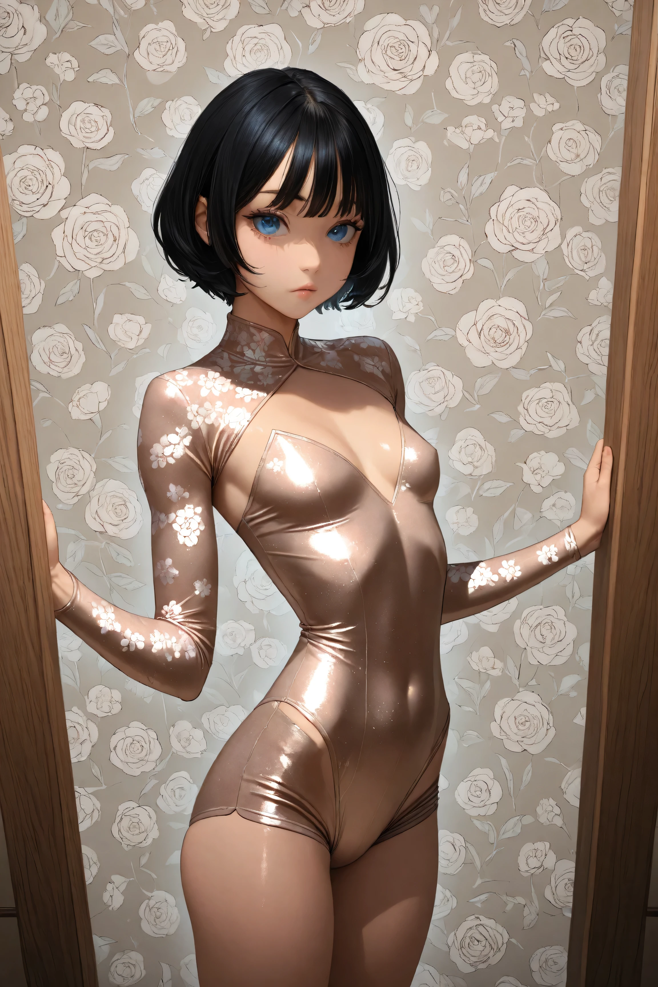  1 girl, very skinny, beautiful big flower patterned and beautiful shiny metallic long sleeve leotard, long sleeve leotard:1.5, very cute face, skinny arms, skinny waist, skinny legs, High Quality , Masterpiece, black short hair, cowboy shot, black hair, blue eyes, feminine a little big breast, close up photo, well trained 6 packed abs, Wearing undershorts underneath the leotard, very cute Asian face, She is wearing beige undershorts underneath her leotard, and the outline is clearly visible above the leotard, Do not expose her breasts, 