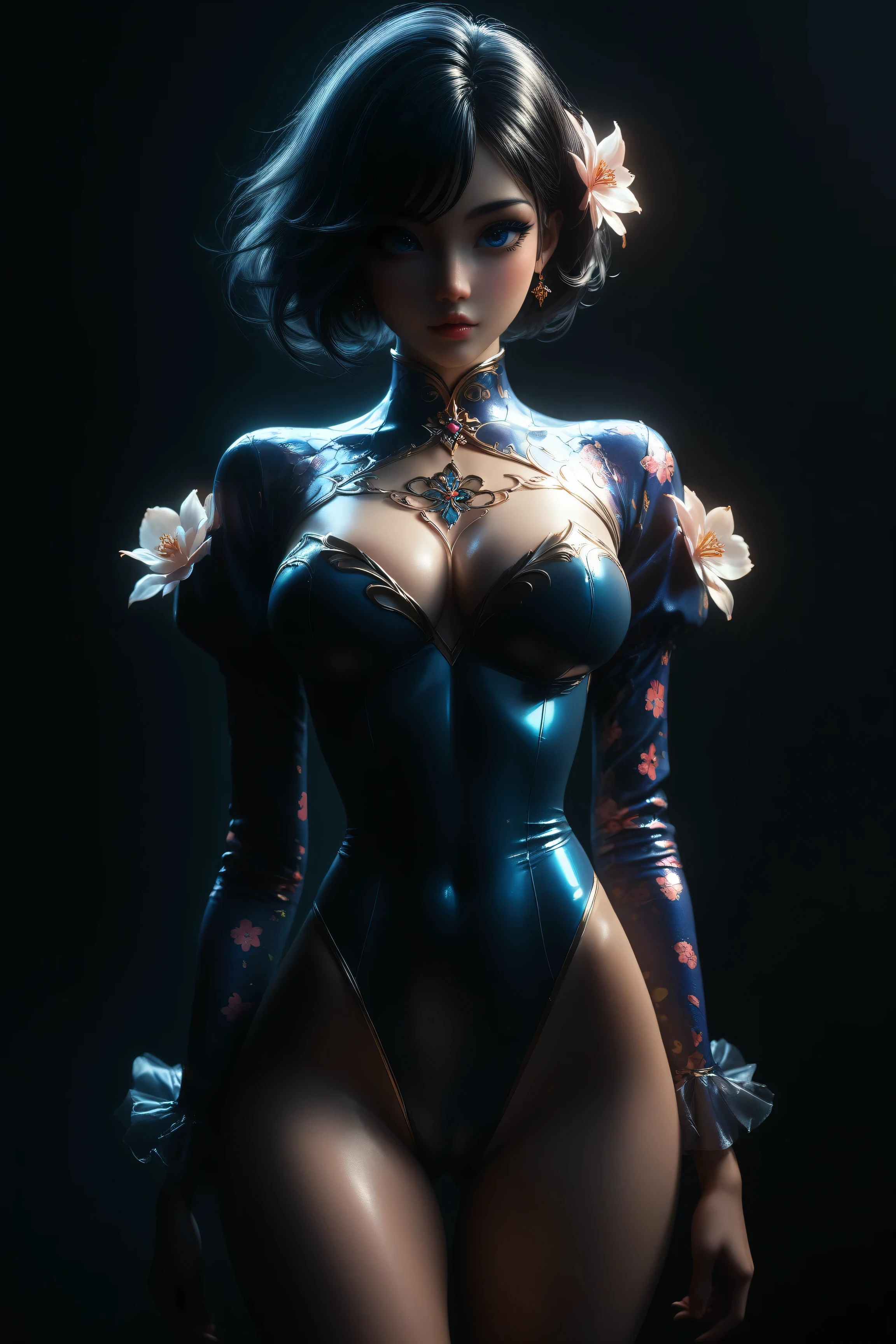 1 girl, slender, beautiful, flower patterned and beautiful shiny metallic long sleeve leotard, long sleeve leotard:1.5, very cute face, big breasts, skinny arms, skinny waist, skinny legs, High Quality, Masterpiece, black short hair, cowboy shot, black hair, blue eyes, feminine a little big breast, close up photo, Wearing undershorts underneath the leotard, very cute Asian face, She is wearing beige undershorts underneath her leotard, and the outline is clearly visible above the leotard, Do not expose her breasts,