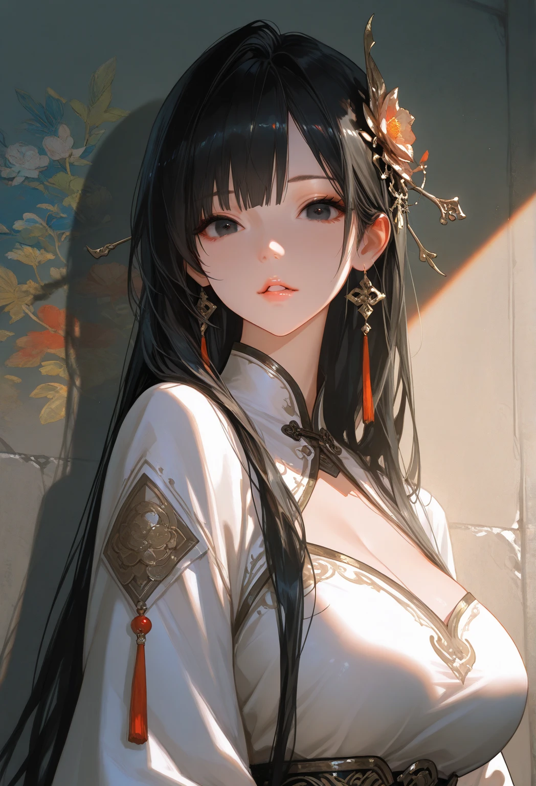 (Tabletop, Digital Art, Digital Illustration, 4K, 8K, Very detailed, Beautiful images, Clear images, Realistic, RAW Photos, Perfect Face, Perfect Lines, Perfect Eyes, Big eyes、Soft lighting) ,masterpiece, best quality, 1 girl, 独奏, small breasts, black chinesedress, dark blue eyes, long hair , forehead , black hair, looking at viewer, shy, (panty pull:1.3), sitting, (Beijing:1.2)