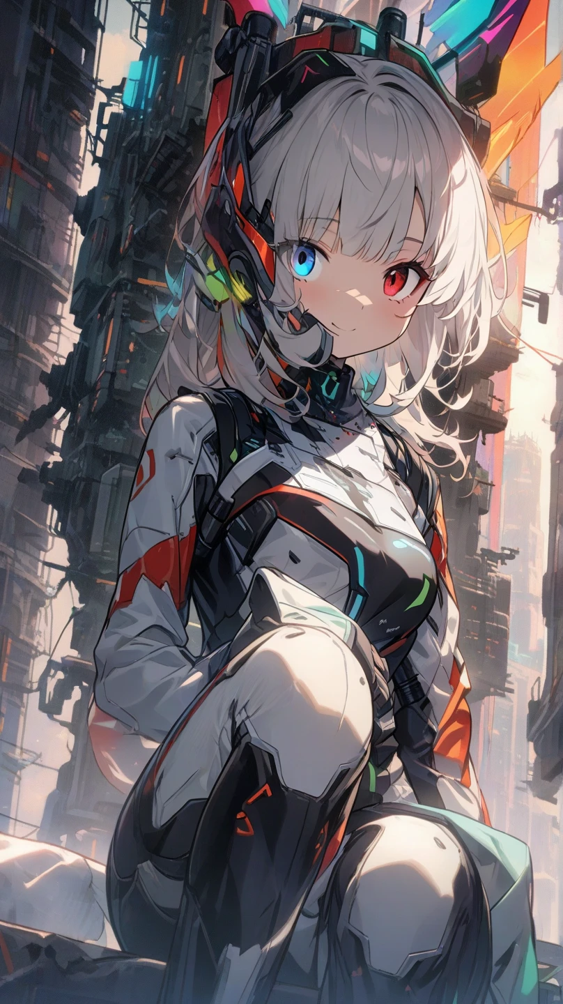 Anime Style, Super precise illustration, Very detailed, beautiful, 8k,cute, woman, Sexy Face, Yellow Eyes, Gray Hair, The body is slim, Sexy pose, Pink tights, Mecha, Neon Signs, Leading the Night City, View from above, high quality, Realistic, Beautiful light, Full details, Black background