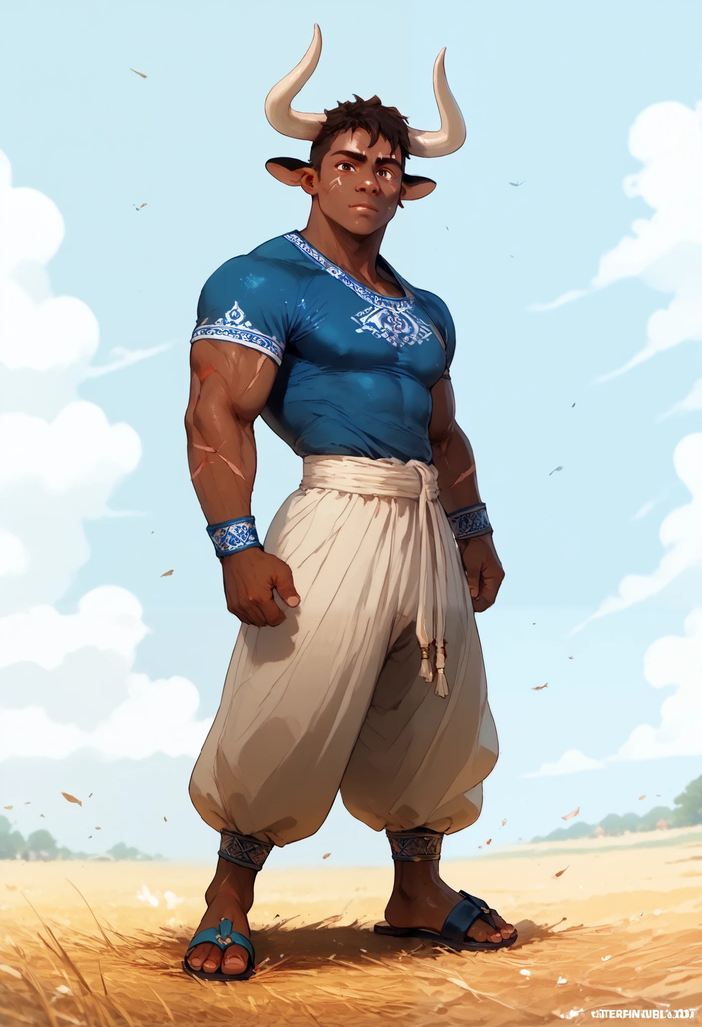 score_9_up,score_8_up,score_7_up, solo, mature men, african skin, bull human hybrid, smaller cow horns, bulk athletic body, scars on his arms, wearing a fighter clothes, and straps sandals, character design
