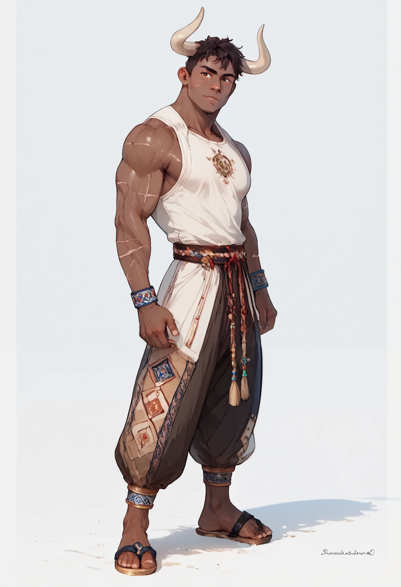 score_9_up,score_8_up,score_7_up, solo, mature men, african skin, bull human hybrid, smaller cow horns, bulk athletic body, scars on his arms, wearing a fighter clothes, and straps sandals, character design