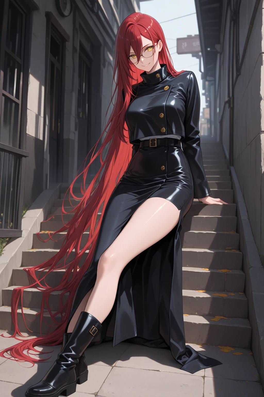 (((Masterpiece, best quality))), very_high_resolution, large_filesize, intricate details, full color, full body shot, beautiful girl, (cute face), blue eye, tears, brown long hair, straight hair, back shot, <lora:armbinder_v10:0.75> armbinder, (black armbinder, bound arms, arms behind back), <lora:lpskirtV1:0.75> lpskirt, latex_lpskirt, high_waist_lpskirt, (hobble_lpskirt, longest_lpskirt, long_lpskirt:1.7), (long black latex lp_skirt:1), a woman wearing a long red latex pencil skirt, high heels, high heel platform shoes, black leather boots