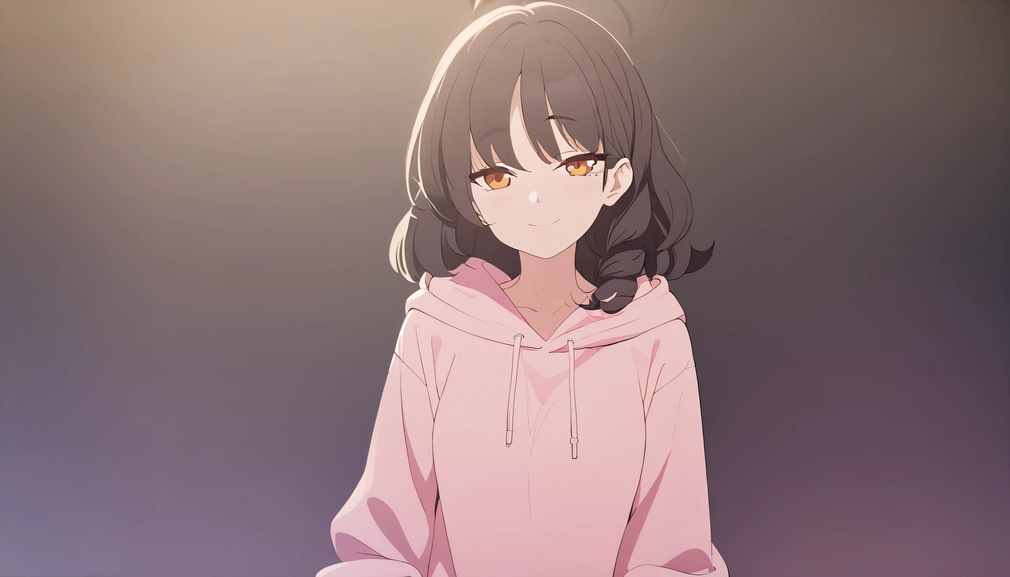 masterpiece, best quality, solo, 1girl, mature, dark brown hair, medium hair to shoulder, wavy straight hair, orange eye, small to medium breast, pastel pink hoodie, standing, looking at viewer, chill, smiling, black background only