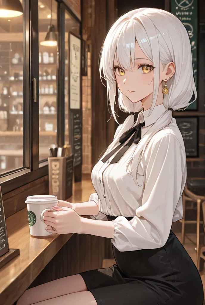White hair, one girl, large breasts, medium shot, braided ponytail, casual clothes, sitting down, coffee shop interior, seductive pose