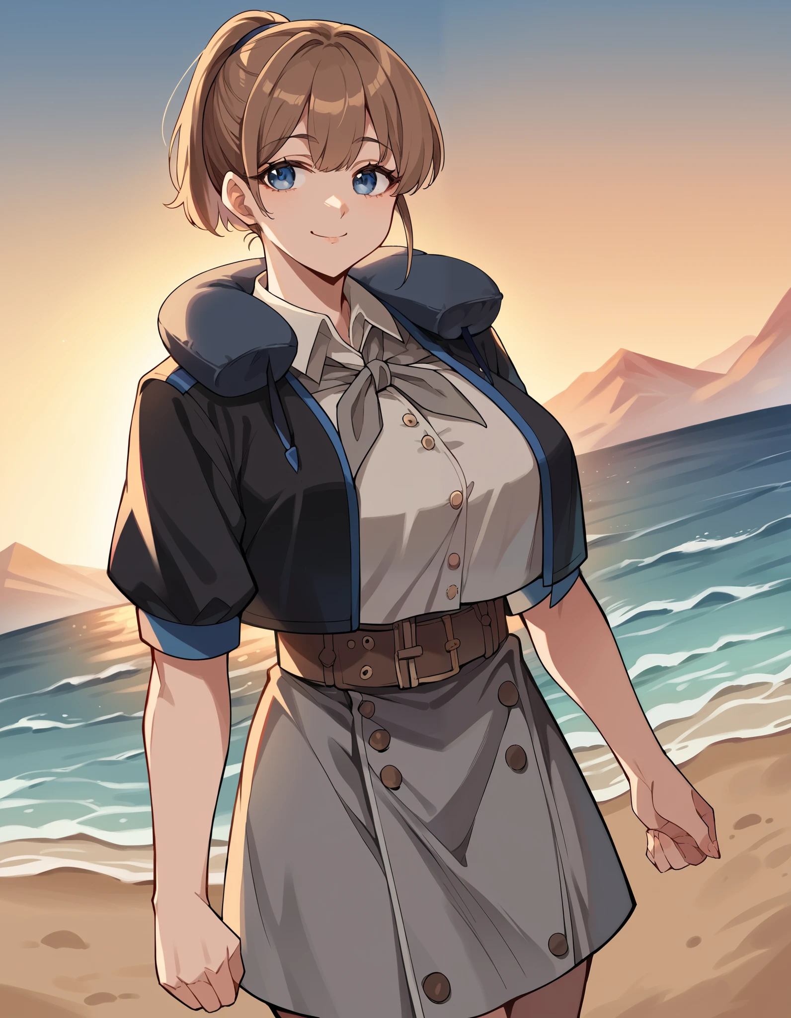  score_9,  score_8_up,  score_7_up,  source_anime, Brave, Blue Eyes,  short hair, brown eyes, ponytail,  o, big breasts,  hair tie , Black Jacket,   colored jacket , cropped jacket, grey dress, miniskirt, neck Pillow,  Open clothes, open jacket, Pillow, short sleeve, skirt, Neckerchief, grey Neckerchief, belt, strand, sunset,  walking along the coast , Footprints in the sand, Wave, Peaceful, ,  See Who's Watching , v, V ,  smug ,, Alone,, Cowboy Shooting, Dutch angle
