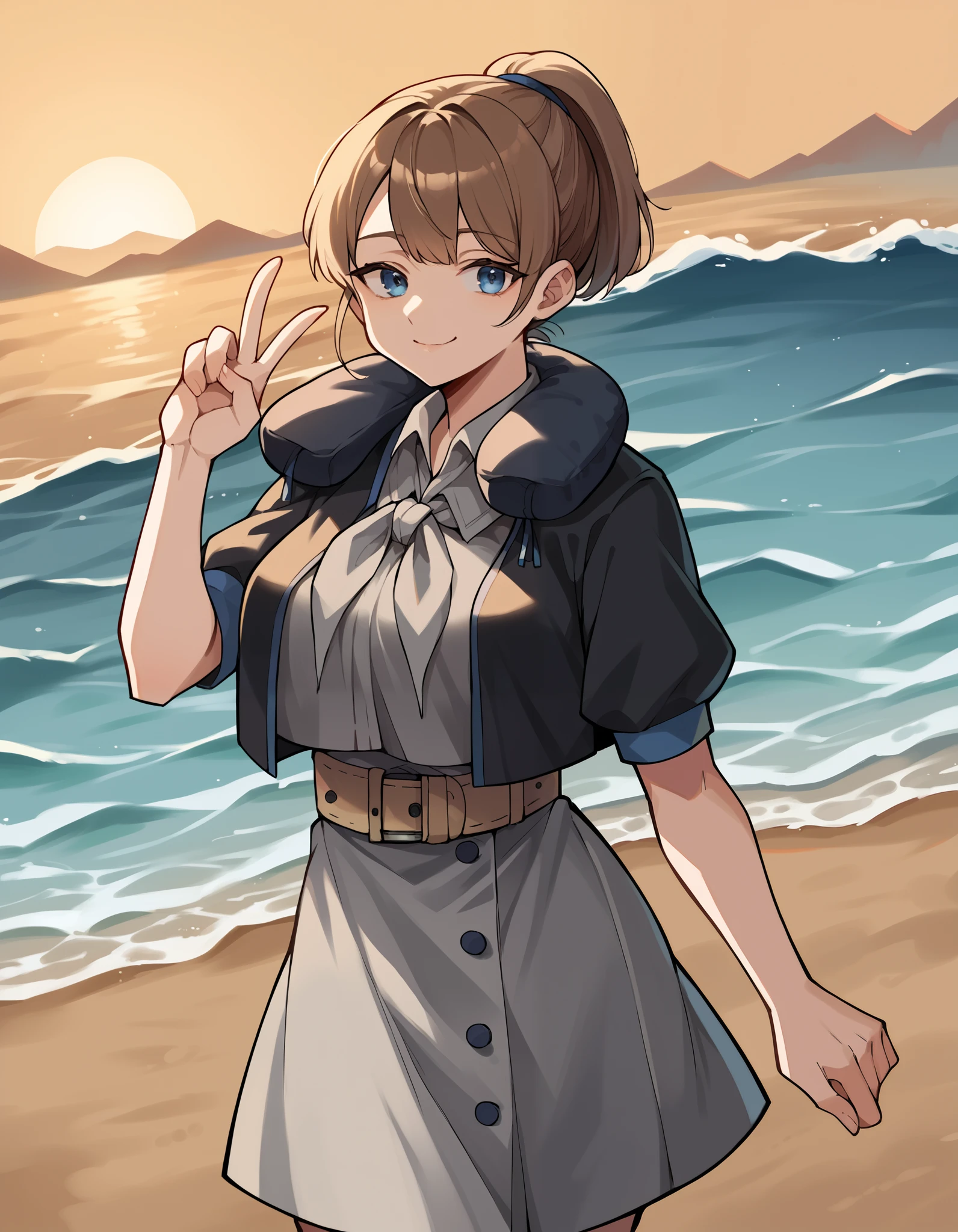 score_9,  score_8_up,  score_7_up,  source_anime, Brave, Blue Eyes,  short hair, brown eyes, ponytail,  o, big breasts,  hair tie , Black Jacket,   colored jacket , cropped jacket, grey dress, miniskirt, neck Pillow,  Open clothes, open jacket, Pillow, short sleeve, skirt, Neckerchief, grey Neckerchief, belt, strand, sunset,  walking along the coast , Footprints in the sand, Wave, Peaceful, ,  See Who's Watching , v, V ,  smug ,, Alone,, Cowboy Shooting, Dutch angle