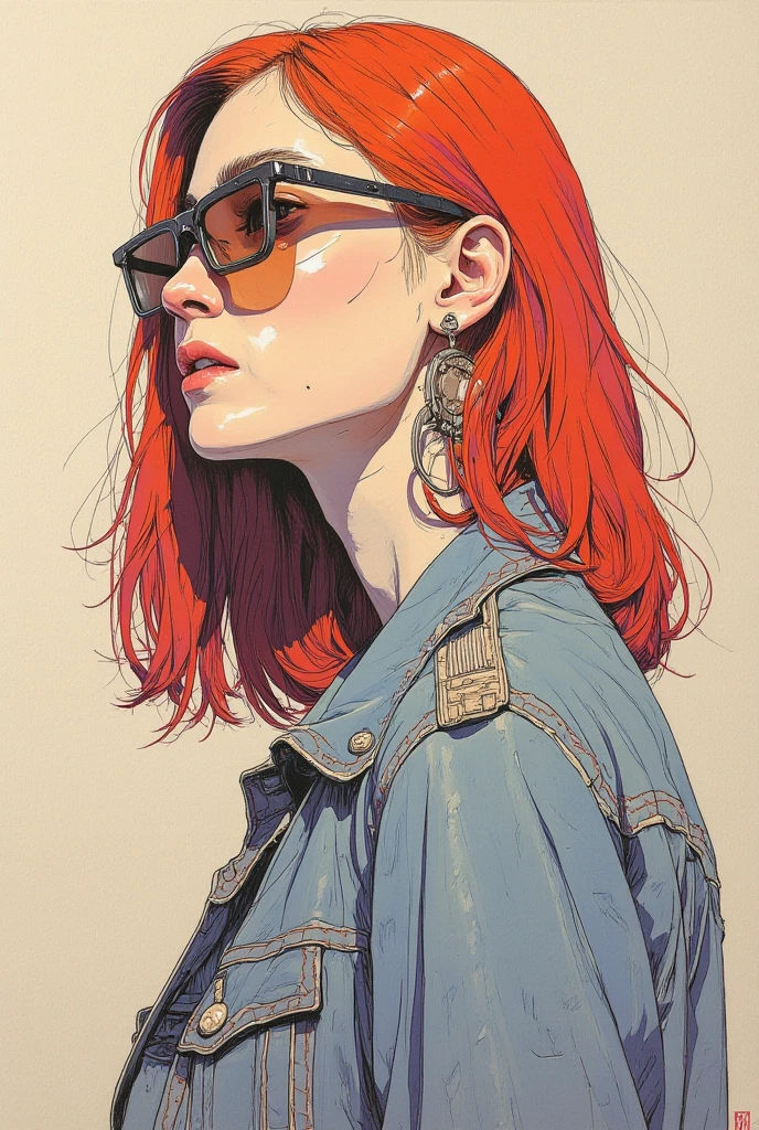 An artistic sketch of a modern sunglasses, beautiful woman, medium red hair, big earings, jeans jacket, street style. The portrait features a mix of minimalistic linework and painterly strokes in soft, muted tones of beige, gray, lavender, and hints of red. The loose brushstrokes blend seamlessly with the textured canvas background, creating an abstract yet intimate atmosphere by Gustav Klimt