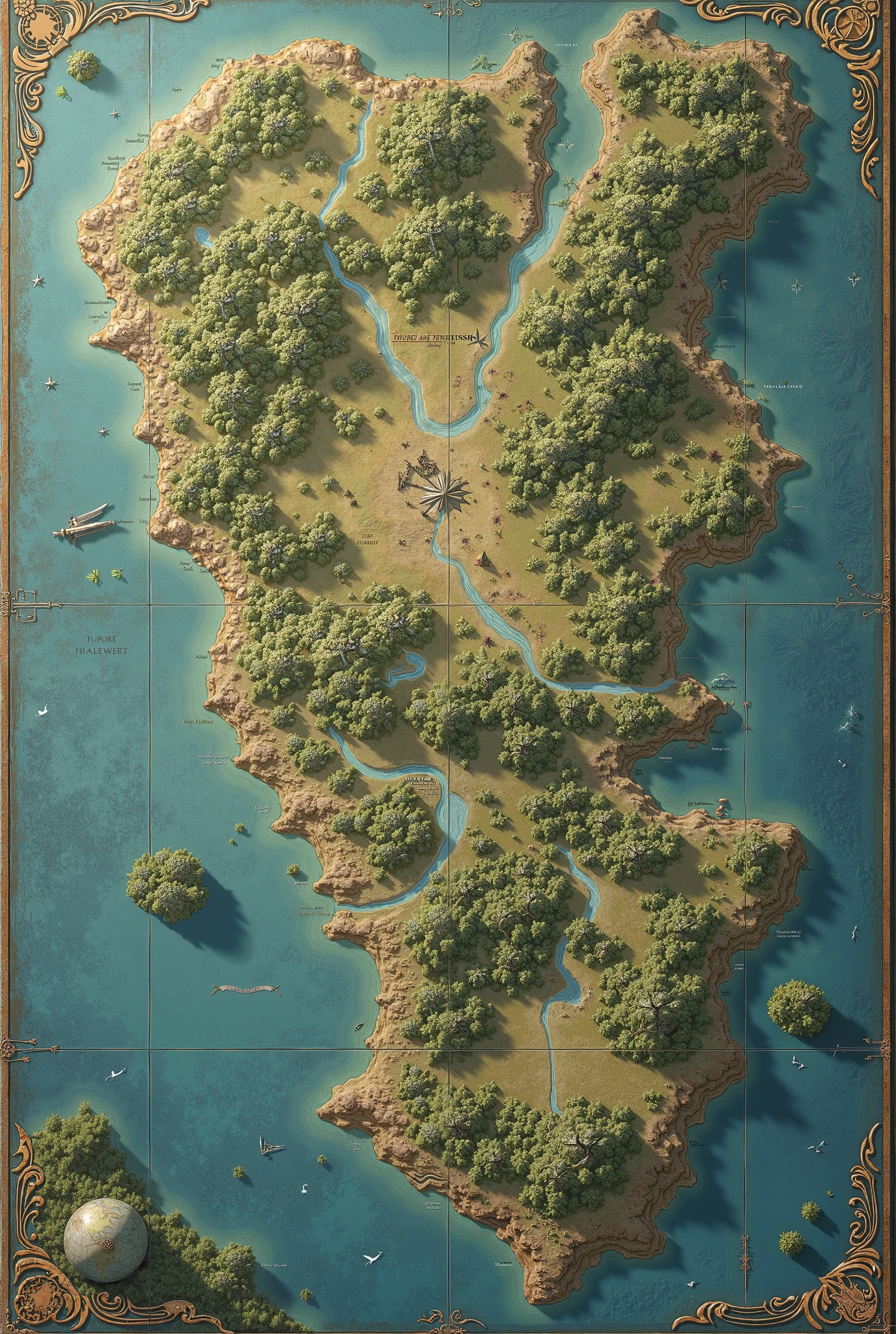Create a map of a new continent divided into 5 parts divided by small rivers 