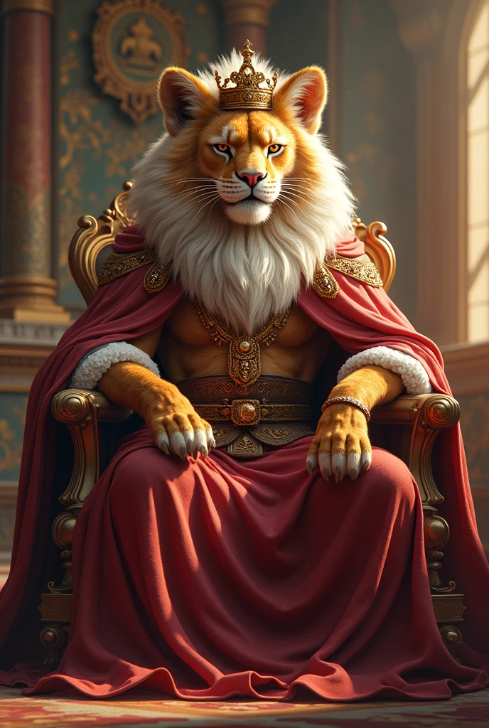 (Ultra-HD-details, discreet, emphasized-details, life-size-body, furry-characteristics) 50mm lens aperture opening of f/4.0 (1boy, solo), male, tiger, muscular, crown, sitting, throne, throne room, holding cup, chalice, ((anime:1.4)), intricate details, hdr, intricate details, Detailed Fluffy Fur, hyperdetailed, natural fur texture, hyperrealism, sharp, (hyperrealistic, cinematic light, depth of field) <lora:GoodHands-beta2_Envy:0.7>