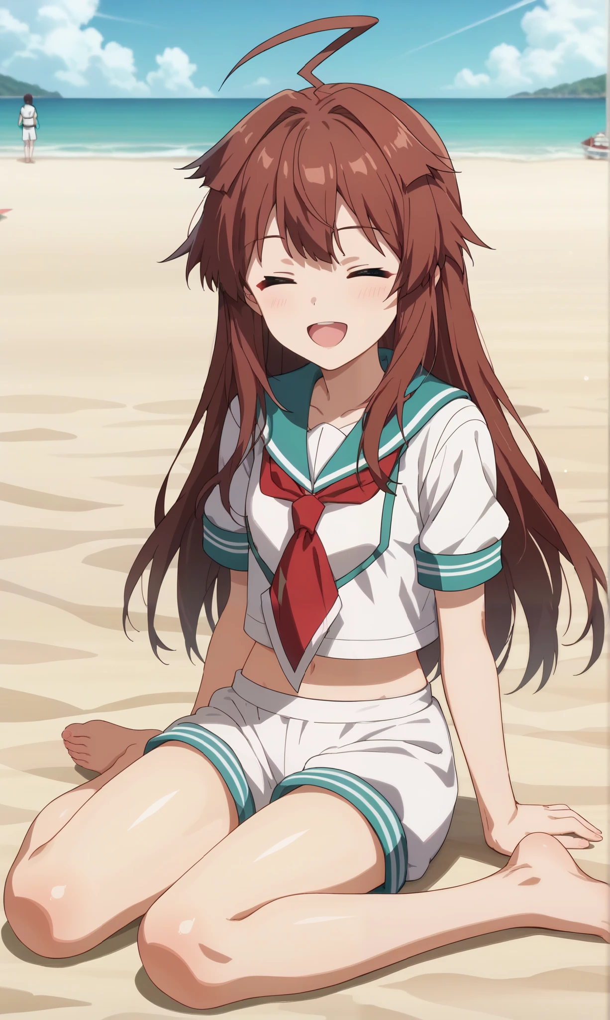 Anime girl sitting on the beach with her legs crossed（kuma (kancolle ...