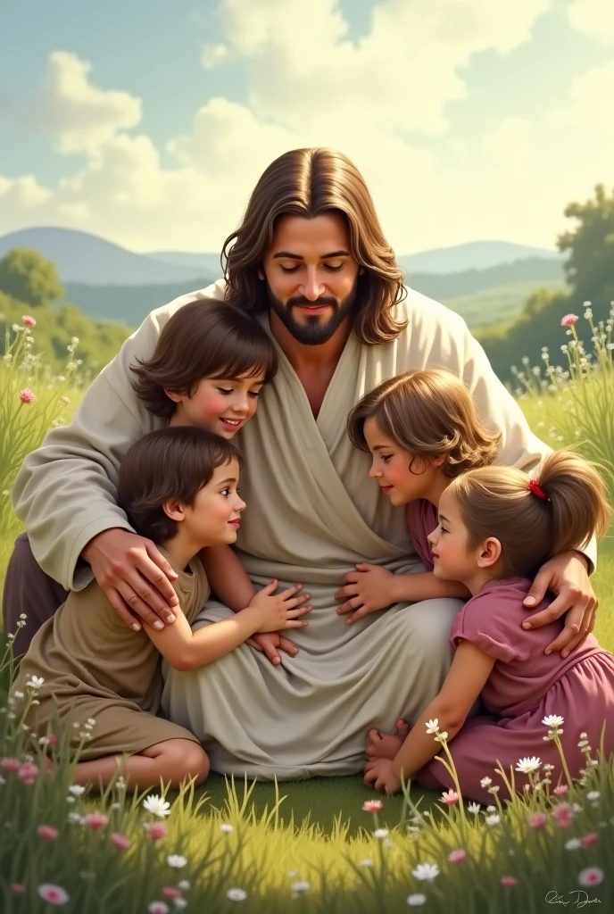 masterpiece), (highly detailed),jesus With his children, beautiful, flowers, nature shot, real photography, 8K, HD