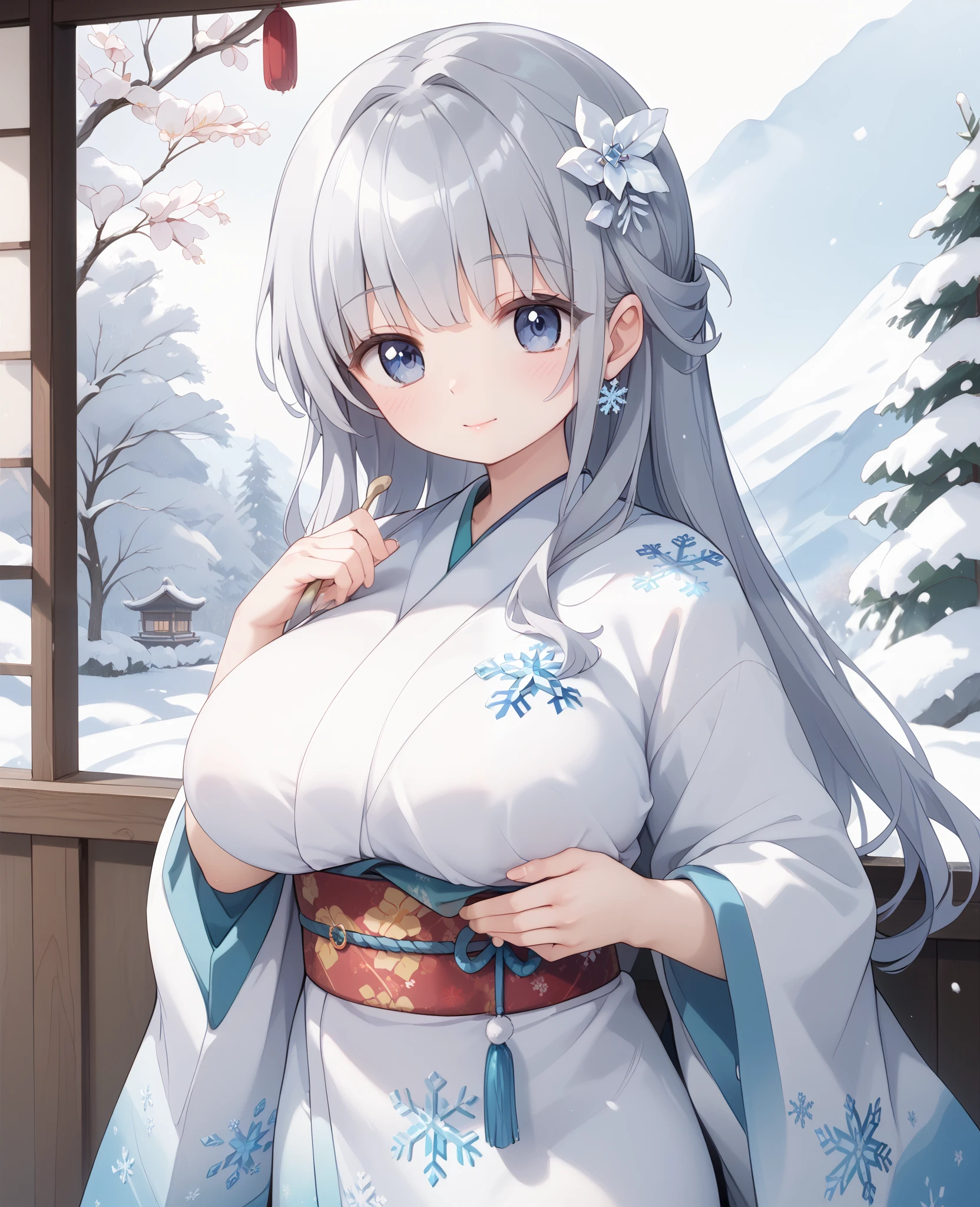 white retro modern kimono、 Snowflake decoration on kimono、long straight hair with gray hair、 hair down、white flower and snowflake hair ornament、Sister、Soft and fluffy、Gentle、cute、Big Breasts、holding a closed fan in hand、Let snow fall in the background