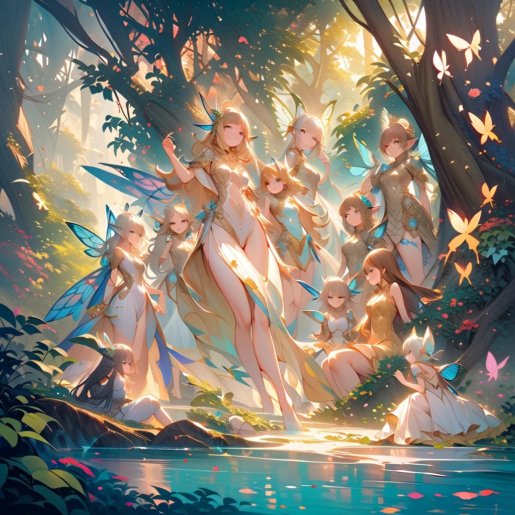 ((masterpiece)), ((highest quality)), (ultra high resolution,8K),(Ultra high fine mesh,4K), (Highly detailed CG integrated 8k wallpaper), (perfect anatomy,anatomically accurate), (Angle from below), (((Three fairy sisters with sexy charms sitting on a high tree branch and looking back))), (((Faithfully reproduced three big-breasted sisters fairies))), (Sitting on a branch of a tall tree:1.5), ((nude, Hide your buttocks with your hands)), (nude, Hide the buttocks), beautiful butterfly in flight, (Surprised gesture:1.4), ((whole body)), (brown hair +1.2), blonde hair, (short bangs), (dynamic composition), High definition beauty face, (more beautiful blue eyes), (open your mouth), (wet body)), shiny skin, fine skin, thin hair, background, (Butterflies flying around a woman), (starry sky), forest, Pillar of Light, moonlight, Sparkling, (midnight, darkness), Shining six-pointed star, Wind