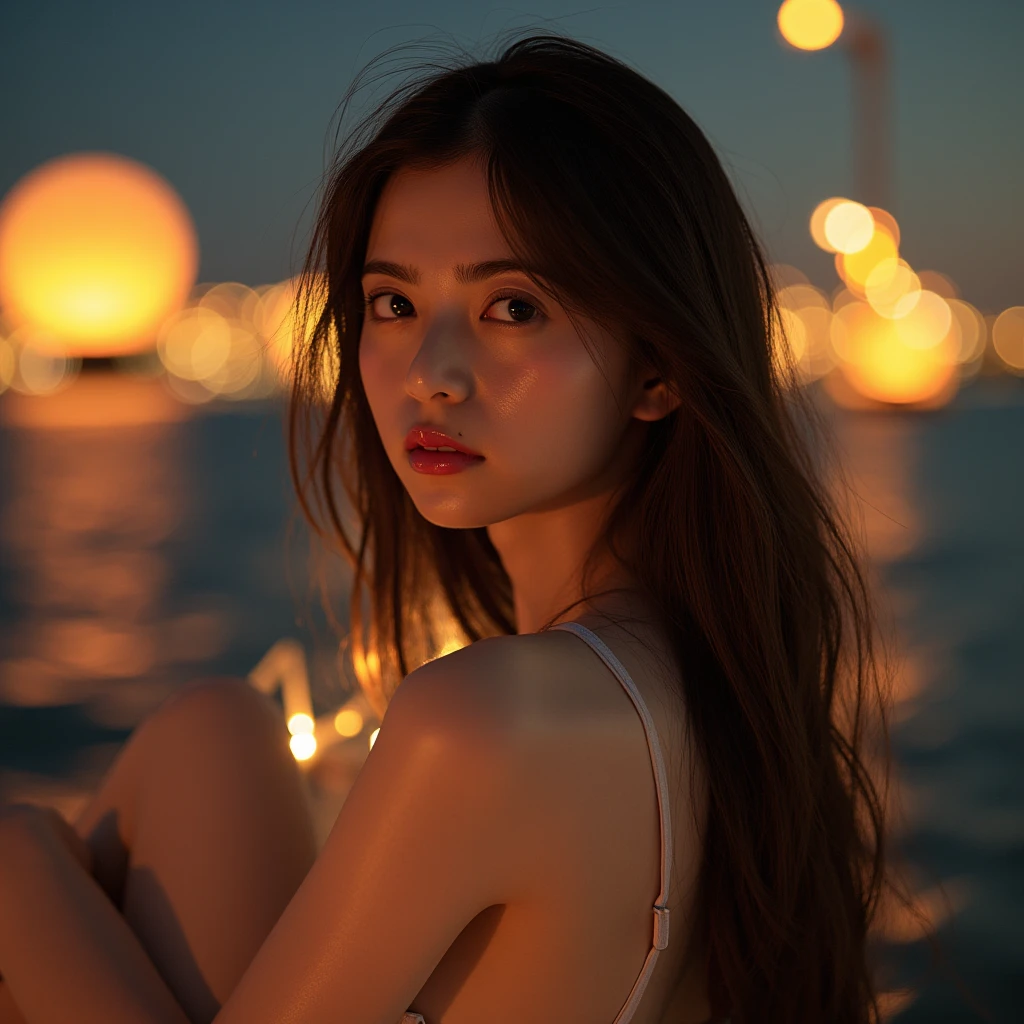 Perfect Face,beautiful girl,Flashlight,night,Ocean