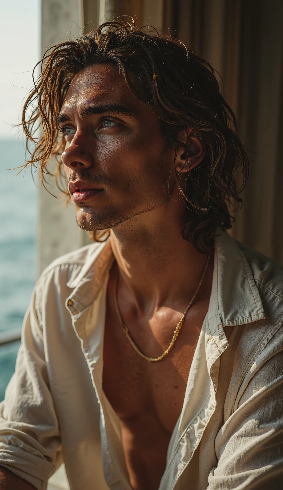 naked/fully naked handsome young man with blond hair in a gold fishing net