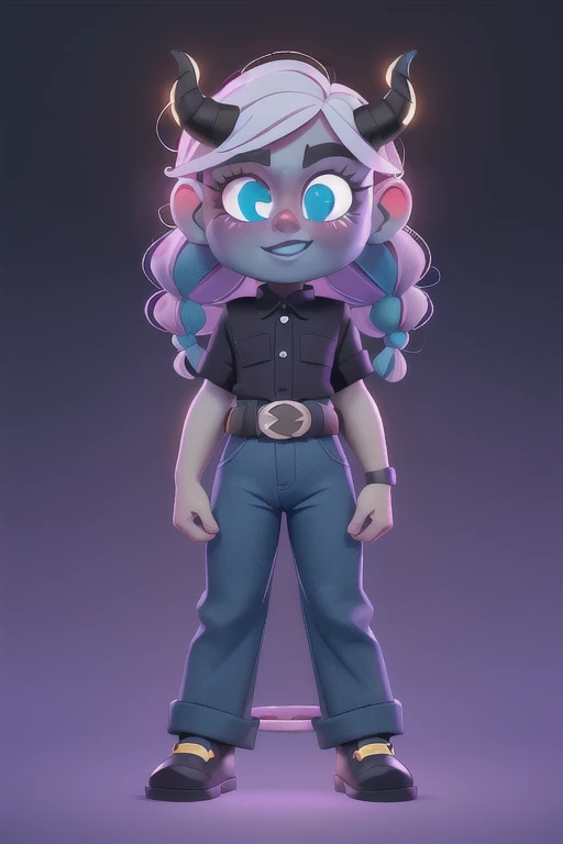 A mini giantess with light purple hair, wears white shirt with a short skirt, wears baggy pants and she's barefooted strolling down town