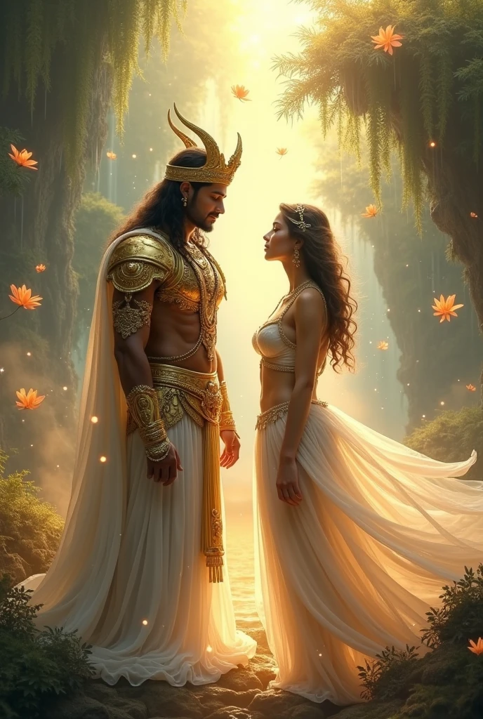 Passionate ((((tan skinned))) couple in a celestial landscape, young dark-skinned couple in their 20s, holding a scepter in a celestial court, a ((((tan skinned))) man and a ((((tan skinned))) woman, he is an imperial judge, dark-haired, she is a pregnant imperial judge, dark-haired with long hair, Full body, 8K, extremely detailed, high quality, (photorealistic:1.37), Full body, ideal proportions and defined complexion, meticulously crafted features, unreachable beauty, perfection, breathtaking elegance, g curves, goddess-like figures, divine symmetry, artistic masterpieces, vivid realism, hyper-detailed sculptures, life-like forms, truly awe-inspiring, impeccable craftsmanship, pure radiance, ethereal beauty, delicate contours, striking poses, sublime beauty, subtle nuances, dynamic compositions, vibrant colors, perfect lighting, soulful expressions, celestial aura, majestic presence, dreamlike atmosphere, unmatched gdetailed octane render trending on artstation, 8 k artistic photography, photorealistic concept art, soft natural volumetric cinematic perfect light, chiaroscuro, award - winning photograph, masterpiece, perfect composition, beautiful detailed intricate insanely
