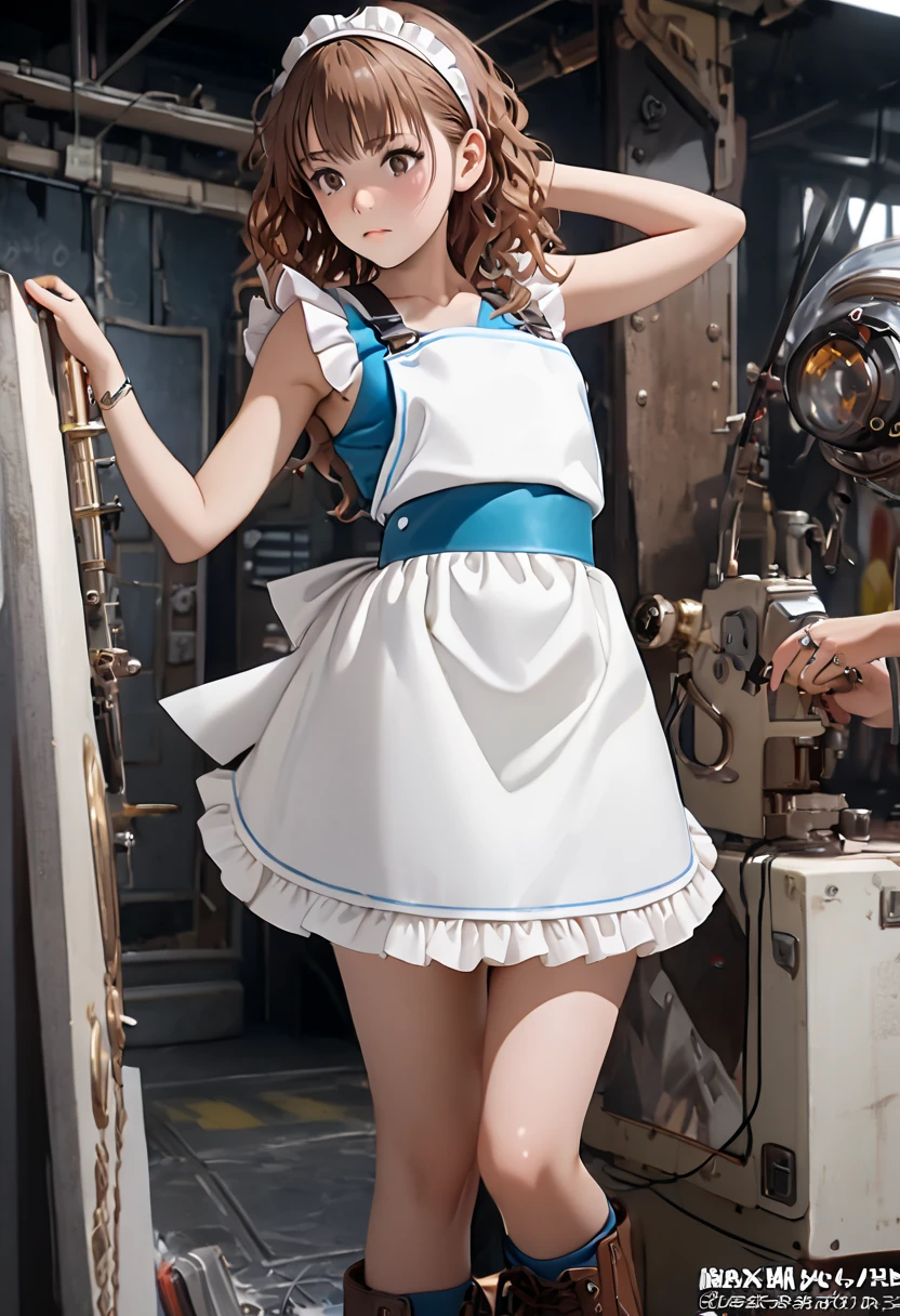 View from the camera, view from side, the whole body is projected, realistic, (masterpiece, Highest quality:1.4),(8k,RAW Photos,realistic:1.2), Not safe at work, Detailed skin, Detailed face, detailed hands, One Girl, round face, princess, Misaka Mikoto dressed as Alice in Wonderland, Cute Face, Super Resolution, Retro realistic detailed illustration, sideboob, {{{Elaborate,complicated,wonderful,delicately,Extraordinary,Prudent ,point,Incredibly,Obsessed,craftsman,subtle,Skillful,Vibrant, Vivid, complicated.}}}, Sharply focused edges, fresh natural gradation, Highest quality, wonderful quality, so beautiful, absurd, ((WHITE FRILLS APRON ONLY)), very skimpy apron, very low-cut exposed decolletage, sideboob, small chest, flat chest, sideboob shows a hint on nipples of flat chest, frilly bra, ((Shiny Wavy Hair)), Ankle boots, arms over their head, detailed face, hair band, NSFW frilly apron only, Medium brown Bob haircut, (Brown), ((Wavy Hair)), Shimmering eyes, brown eyes, ((brown hair)), tsundere expression, slight frown, Misaka Mikoto wearing an apron as Alice in Wonderland, White Frills, bare arms, bare thighs, soft skin, Short sleeve, (White Frills apron). detailed face, ((ring)), masterpiece, Highest quality, Not safe at work, ,Garters belt, Baby Face, Eyes sparkling, Flat Chest, cyberpunk dystopian fantasy version of Academy City