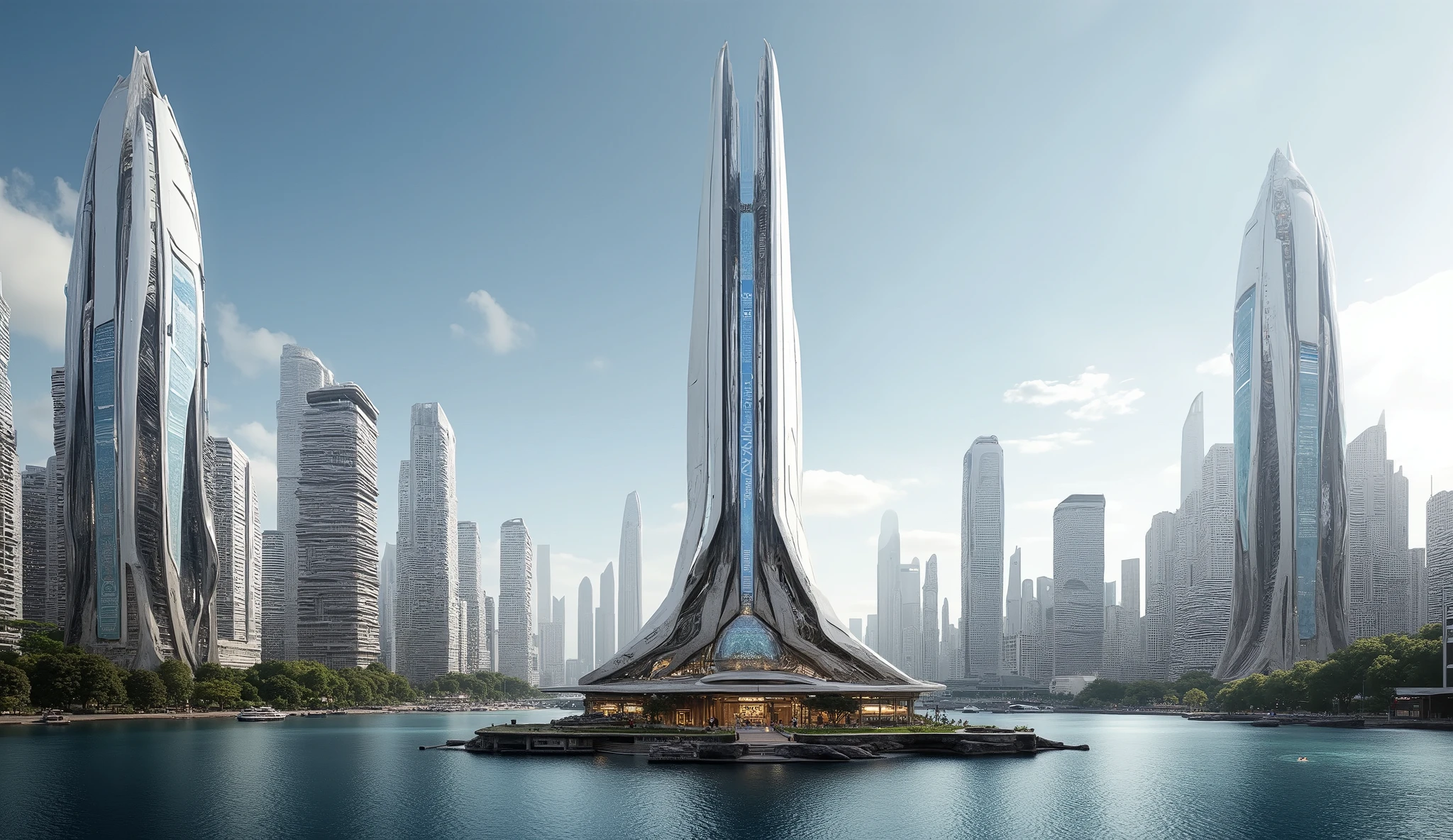 Obelisk and Lake Washington in the future, surrounded by futuristic skyscrapers, Very futuristic image .