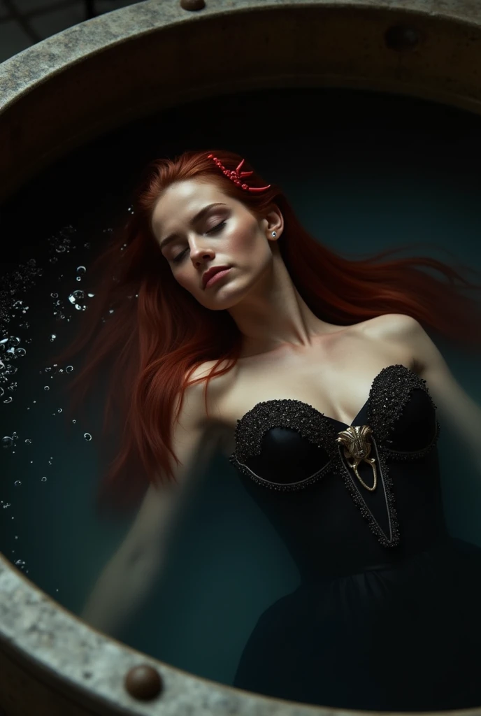 A mermaid with red long hair floating about her skull looks at a mirror while being underwater, her face melancholic as the sun filters through water, realistic, vintage and gothic aesthetic