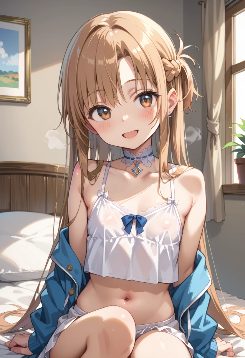 ong_hair, twintails, low_twintails, halo, yellow_eyes, light_brown_hair, blush, open_mouth, bangs, smile, collarbone,highly detailed eyes. sharp focus, confused, highest quality, 1 girl, alone, small breasts,(naked),Bukkake,female masturbation,cum in pussy,full body
