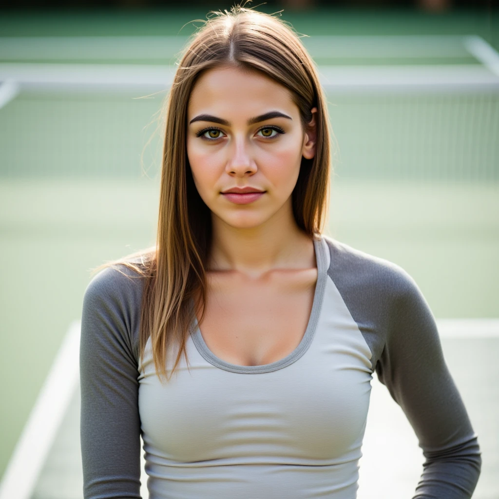 CRUDO, analogous thing, Nikon Z 85mm, award-winning glamor photography,((mejor calidad)), ((Obra maestra)), ((realista)), falda de tenis, parte superior del gimnasio, ojos penetrantes, delgado, flaco, mirando directamente, Flirting with the camera, ((pelo rubio en mechones)), en una cancha de tenis al aire libre, luz de la tarde,