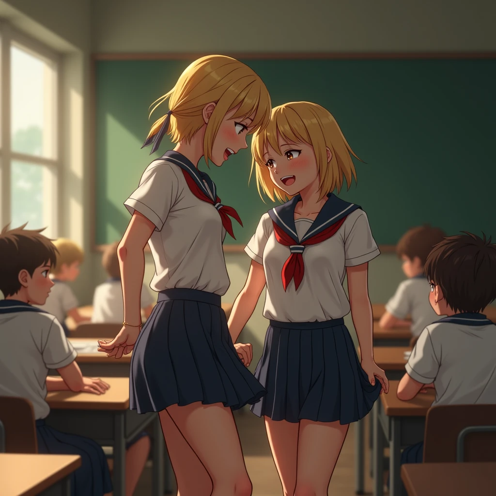 ((Masterpiece)),((Best quality)),absurderes,, 1girll, 1boys, Squatting cowgirl position, angle of view, school uniform, Exposed panties, , (Classroom:1.1), Sunlight, ,  (Semi-closed Eyes:0.4), (parted lip:1.4), (nose blush:1.2), Light smile, (Nervous),
