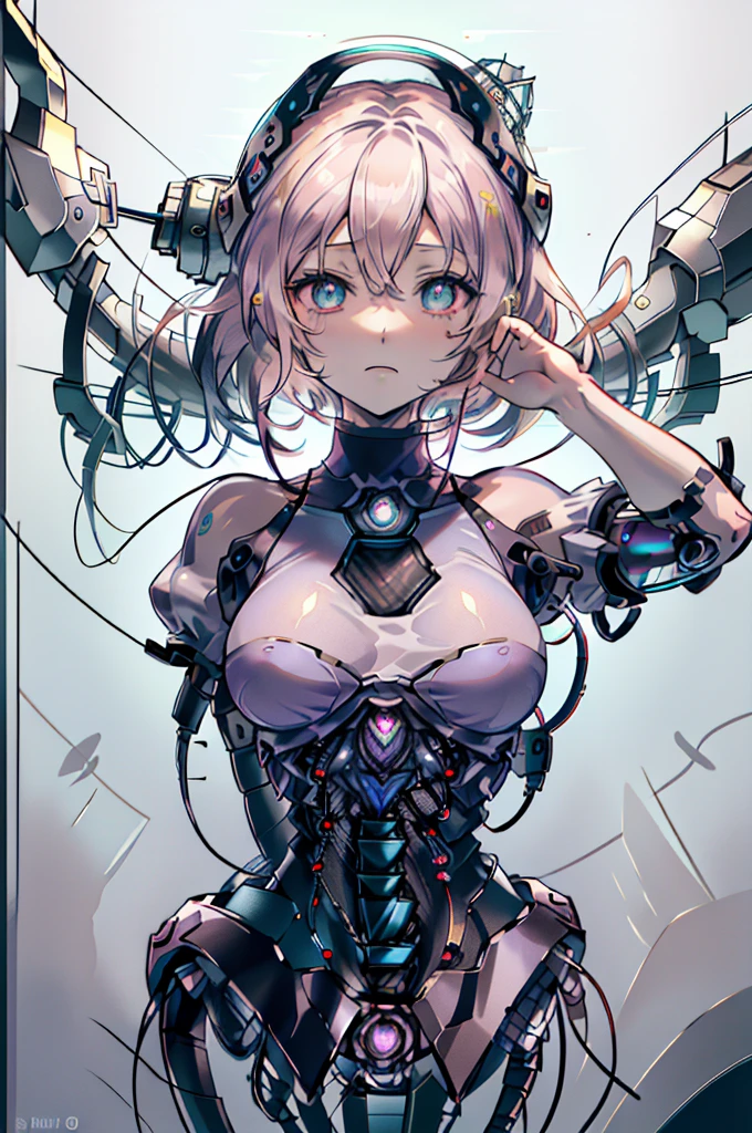 (((Masterpiece)))), (((highest quality)))), ((Ultra Definition)), (Very Detailed Photoreality), (((Very Delicate and Beautiful)), (Delicate and Pretty Face), Cinematic Light, (((1 Machine Girl)), Solo, Full Body, Big, Cleavage Is Visible Skin, White Hair, Purple Eyes, Luminous Eyes, (Mechanical Joint: 1.4), (Mechanical limbs)), (Blood vessels connected to tubes), (( Mechanical vertebrae attached to the back)), ((Cervical vertebrae of the machine) attached to the neck)), (((sitting)), expressionless, (wires and cables attached to the head and body: 1.5), (character focus), small LED lamps on the body, Evangelion, SF, metallic body, detailed neon