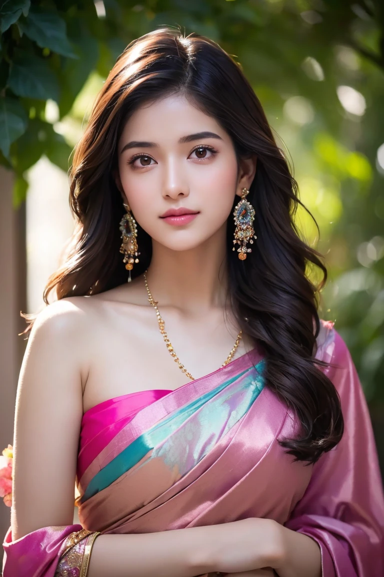 (masterpiece:1.5), high quality, aesthetic photo ,(HDR:1.3), pore and detailed, intricate detailed, graceful and beautiful textures, RAW photo, 16K, diffused sunlight, 8K, RAW photo, top-notch quality, exceptionally detailed RAW color photo, professional-grade photograph, (realistic, photorealistic:1.2), (highly detailed skin:1.1), ultra-high resolution, (lenz 80mm), (F/1.2), An enchanting portrait of a young Indian woman, bathed in a soft pink glow that seems to emanate from within, set against the stark embrace of a dark backdrop. The lighting, at 1.5 intensity, casts a gentle luminescence that wraps around her like a warm embrace, highlighting the intricate details of her 3D facial features. Her multifaceted, wavy hair is a kaleidoscope of colors, ranging from deep blues to vibrant purples, and it tumbles down her slender frame with a grace that is almost ethereal. The addition of short sidelocks frames her face, drawing the viewer's gaze to the subtle, yet mesmerizing sparkle in her brown eyes. These eyes, a tranquil sea of cerulean, are graced with a hint of a tareme, a Japanese makeup technique that adds a captivating glisten to the lower lash line, suggesting a depth of emotion just beneath the surface, wearing a beautiful and colourful saree, indoors, perfect lighting, cinematic colour grading, focus on girl, hyper realistic, earrings and necklace, cute and charming, . ((full body shot))