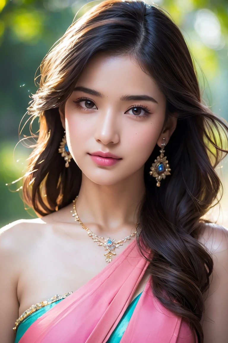 (masterpiece:1.5), high quality, aesthetic photo ,(HDR:1.3), pore and detailed, intricate detailed, graceful and beautiful textures, RAW photo, 16K, diffused sunlight, 8K, RAW photo, top-notch quality, exceptionally detailed RAW color photo, professional-grade photograph, (realistic, photorealistic:1.2), (highly detailed skin:1.1), ultra-high resolution, (lenz 80mm), (F/1.2), An enchanting portrait of a young Indian woman, bathed in a soft pink glow that seems to emanate from within, set against the stark embrace of a dark backdrop. The lighting, at 1.5 intensity, casts a gentle luminescence that wraps around her like a warm embrace, highlighting the intricate details of her 3D facial features. Her multifaceted, wavy hair is a kaleidoscope of colors, ranging from deep blues to vibrant purples, and it tumbles down her slender frame with a grace that is almost ethereal. The addition of short sidelocks frames her face, drawing the viewer's gaze to the subtle, yet mesmerizing sparkle in her brown eyes. These eyes, a tranquil sea of cerulean, are graced with a hint of a tareme, a Japanese makeup technique that adds a captivating glisten to the lower lash line, suggesting a depth of emotion just beneath the surface, wearing a beautiful and colourful saree, indoors, perfect lighting, cinematic colour grading, focus on girl, hyper realistic, earrings and necklace, cute and charming, . ((full body shot))