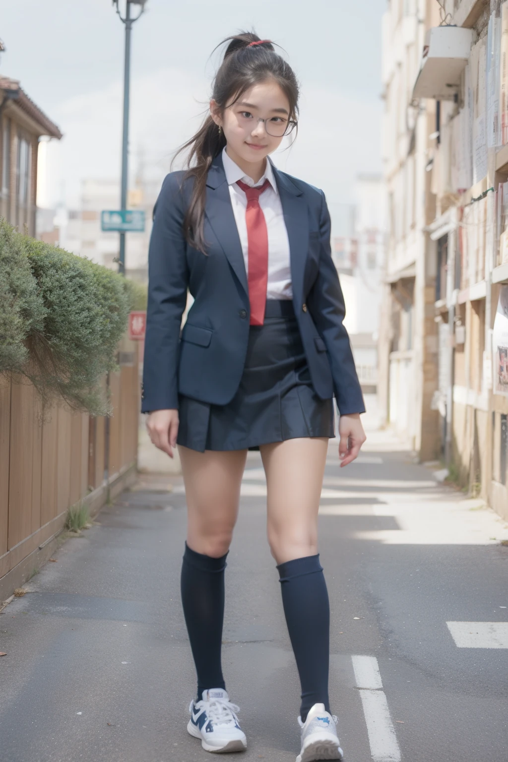 low angle,angle of the sky from the ground,city and sky background,photorealistic, ultra realistic, masterpiece,Two female middle school students with the exact same clone walk in with a smile,Long thighs,(((Knee-high socks))),((( navy blue micro mini skirt ))),ultra short miniskirt,navy blue blazer,Sneakers,red student tie,black hair ponytail,glasses, carry a backpack,Height: 160cm,((7 heads))