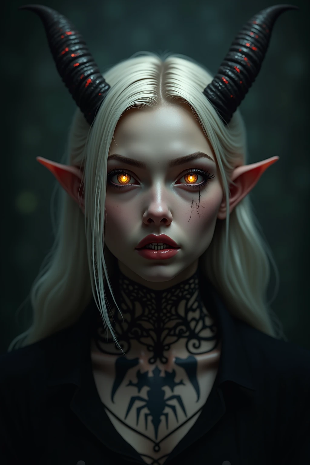 horror-themed Wide angle digital illustration, (Demonic female character with dark ash-gray face:1.3), Symmetrical composition, Cracked stone texture, Golden veins, (Red luminescent eyes:1.3), Several twisted horns, Intricate golden metallic details, (Golden veins on neck and shoulders:1.2), Gothic architectural background, Bluish light from top center, (Ominous atmosphere:1.2), Deep shadows, Highlighted facial features, Sinister expression, Realistic digital art, Fantastic influence, eerie, unsettling, dark, spooky, suspenseful, grim, highly detailed