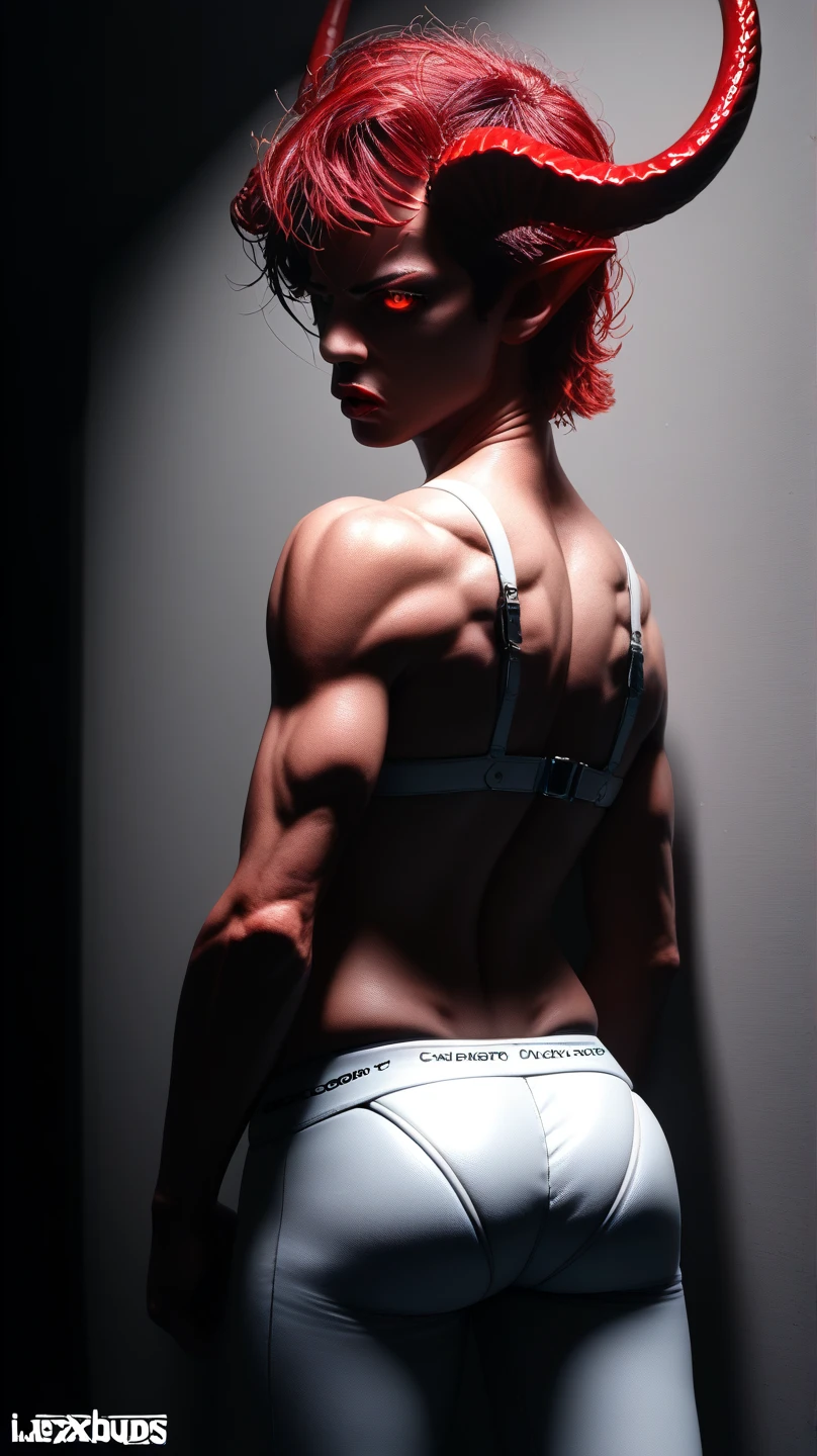 score_9_up, score_8_up, score_7_up, man, solo, source_manhwa man, inverted triangle figure, big chest, Lee Ho-seok, kpop ear microphone, red hair yellow side strands, long hair tied up, messy hair, blue eyes mouth piercing, cock full of old man, sports bra, black bra, diaphragm, red buruma, growing muscle, standing, screaming face, from behind, ass, looking back, high socks, white socks, from below, mouth closed, grabbing his own ass , sweat, sweating
