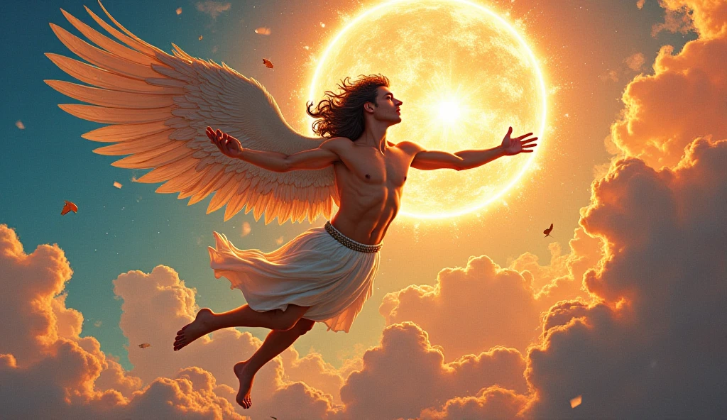 Icarus, soaring upwards with his wax wings melting, reaching perilously close to the sun's blistering rays, backlit by a golden glow, Windblown Nouveau style as if crafted by Artgerm, dramatic lighting, highly detailed, digital painting.